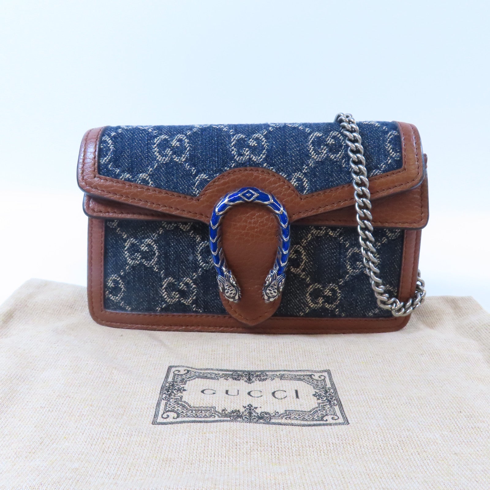 GUCCI 牛仔布GG Supreme Dionysus銀扣鏈帶肩背袋藍色