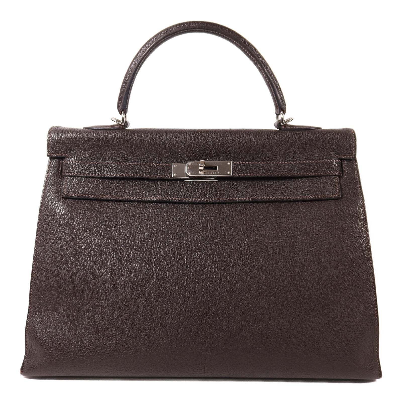 HERMES Chevre皮革Kelly 35銀扣手挽肩背兩用袋Café