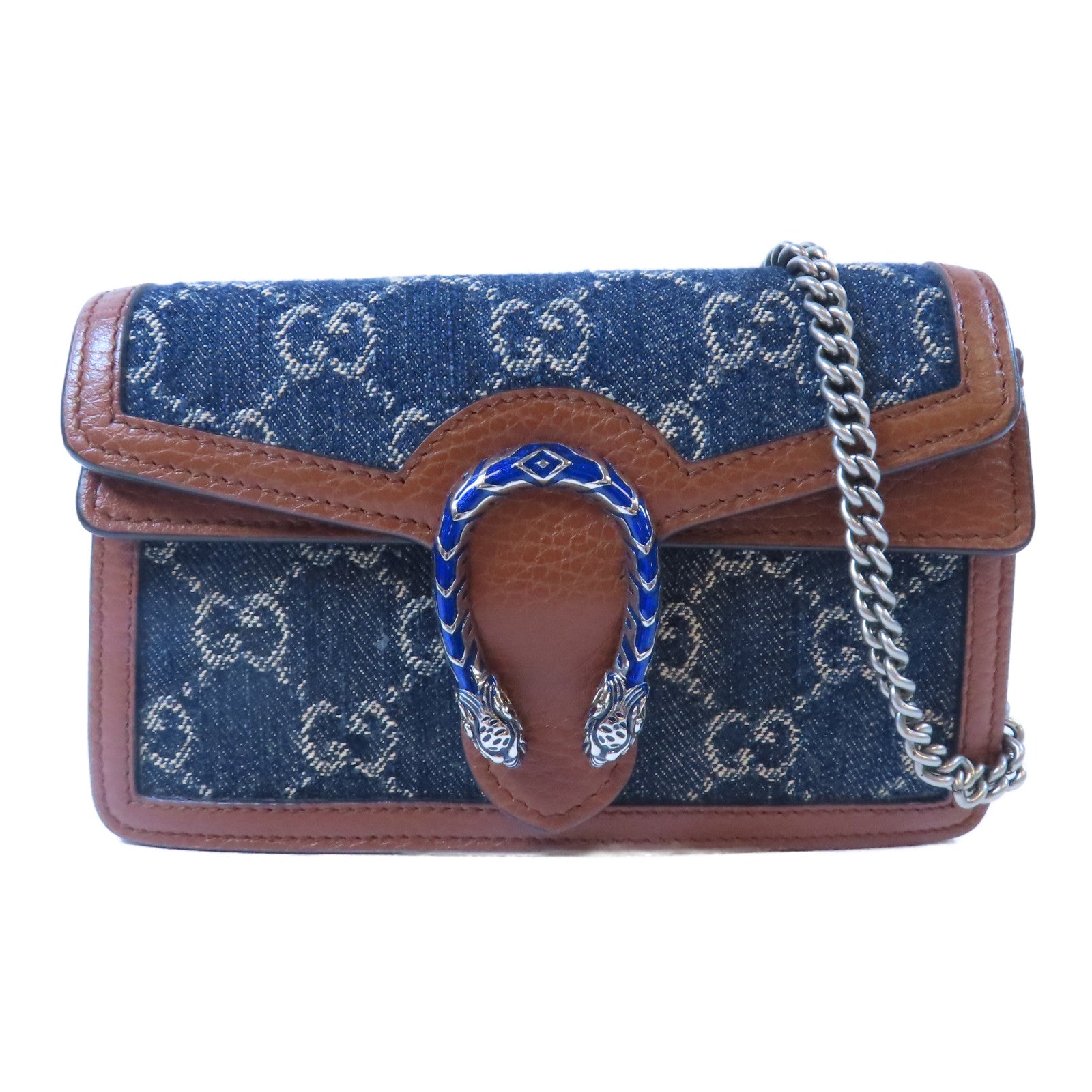 GUCCI 牛仔布GG Supreme Dionysus銀扣鏈帶肩背袋藍色