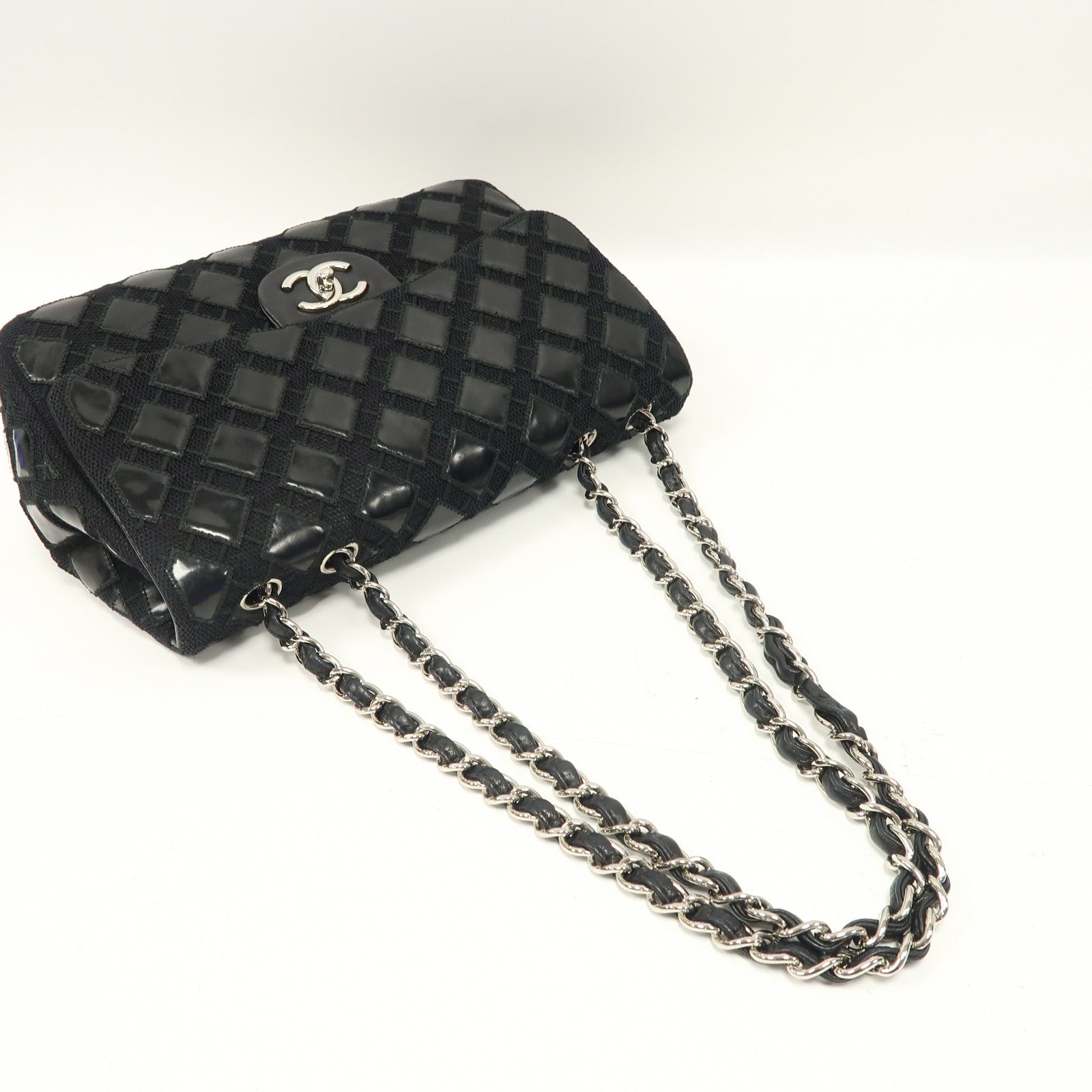 CHANEL 【激減優惠】菱格棉布Chain Shoulder銀扣鏈帶肩背袋黑色