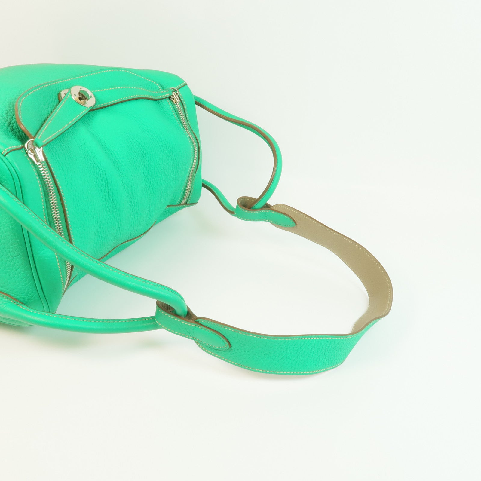 HERMES Clemence皮革Lindy 34銀扣手挽肩背兩用袋Menthe/Gris Tourterelle