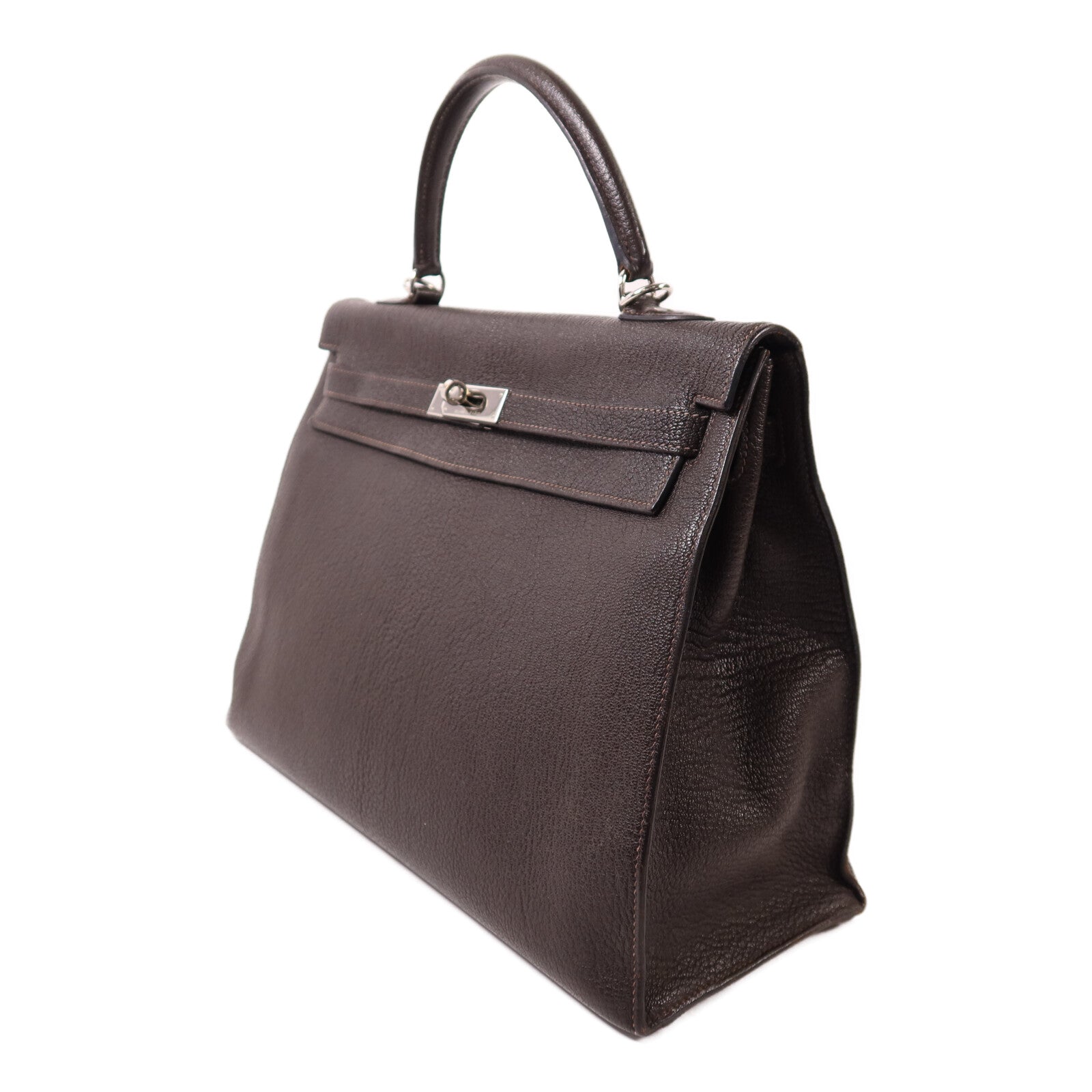 HERMES Chevre皮革Kelly 35銀扣手挽肩背兩用袋Café