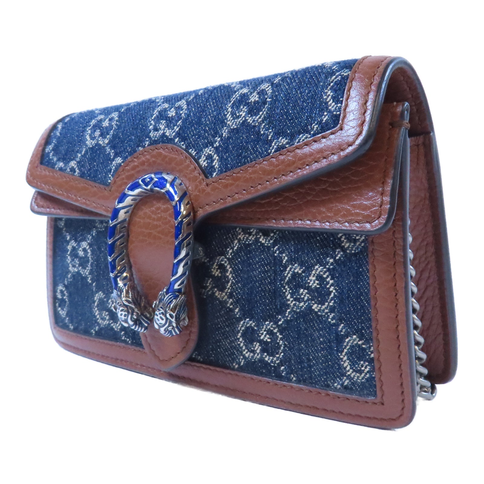 GUCCI 牛仔布GG Supreme Dionysus銀扣鏈帶肩背袋藍色