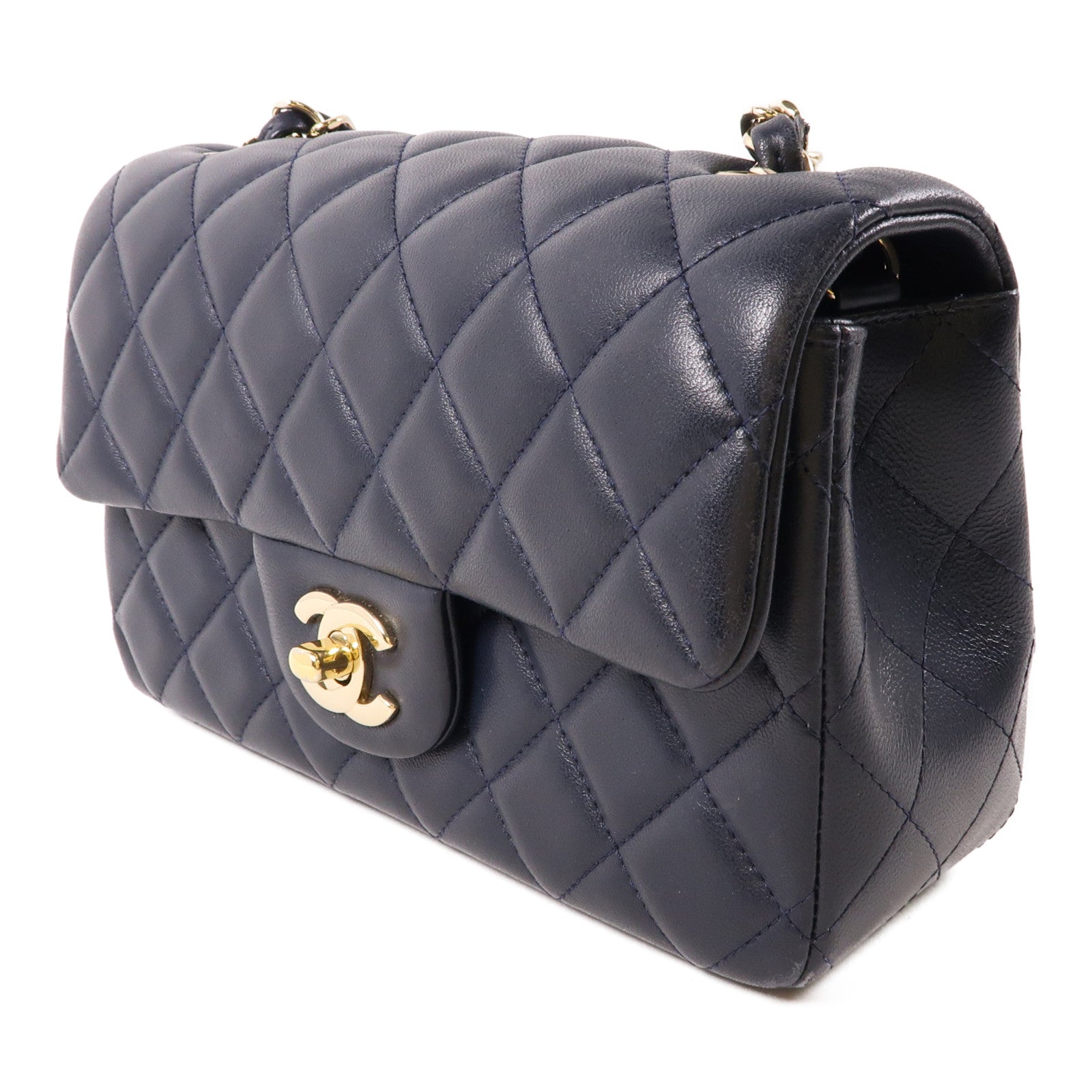 CHANEL 羊皮皮革Classic 20cm金扣鏈帶肩背袋深藍色