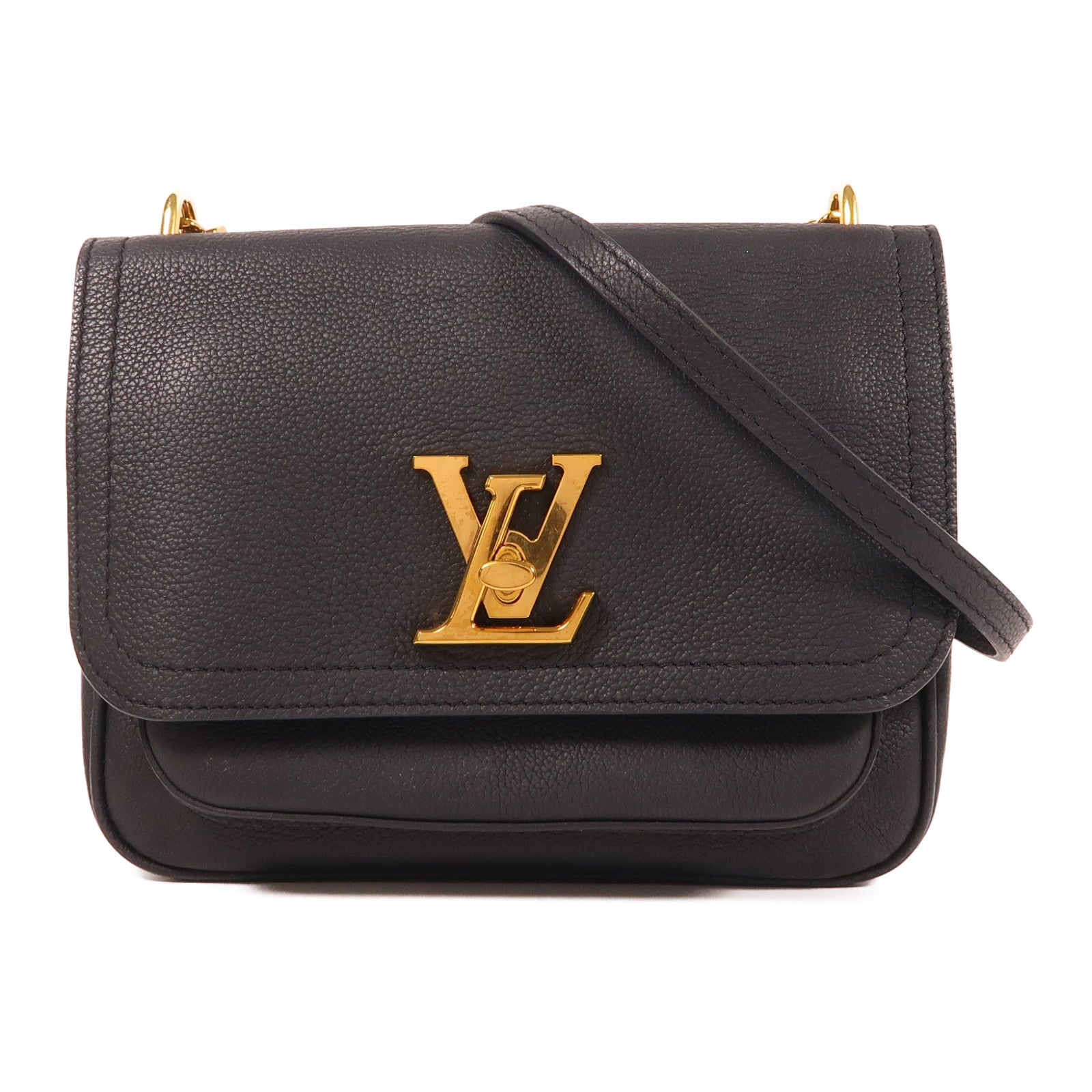 LOUIS VUITTON 牛皮皮革Lock Me金扣鏈帶肩背袋黑色