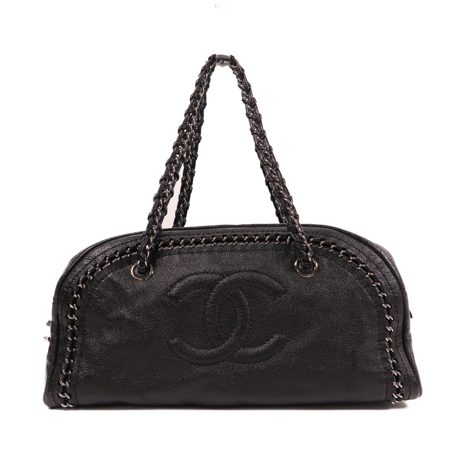 CHANEL 羊皮皮革Luxe ligne bowler bag銀扣肩背袋黑色