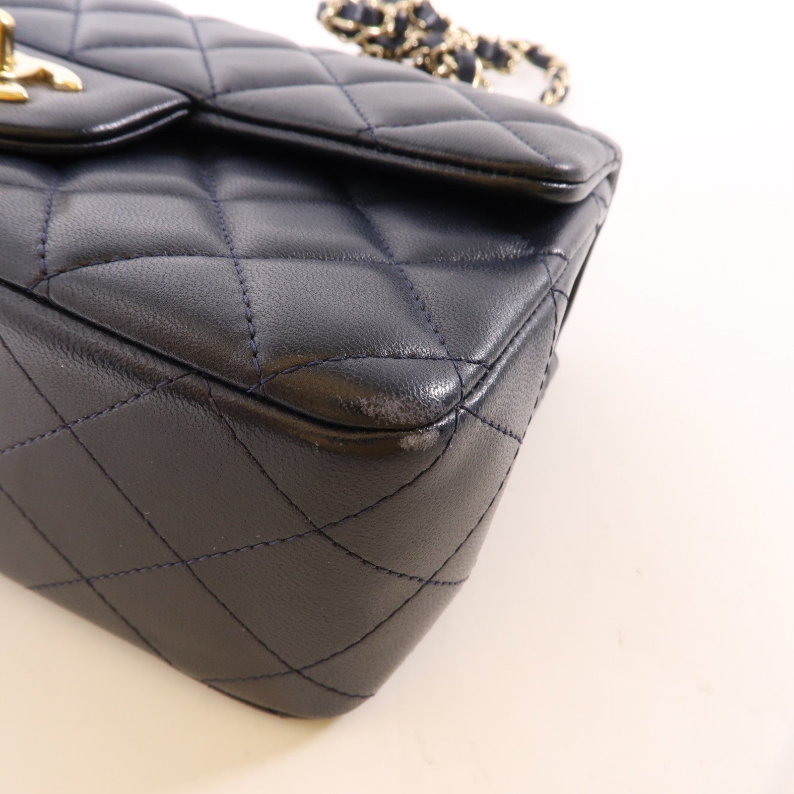 CHANEL 羊皮皮革Classic 20cm金扣鏈帶肩背袋深藍色