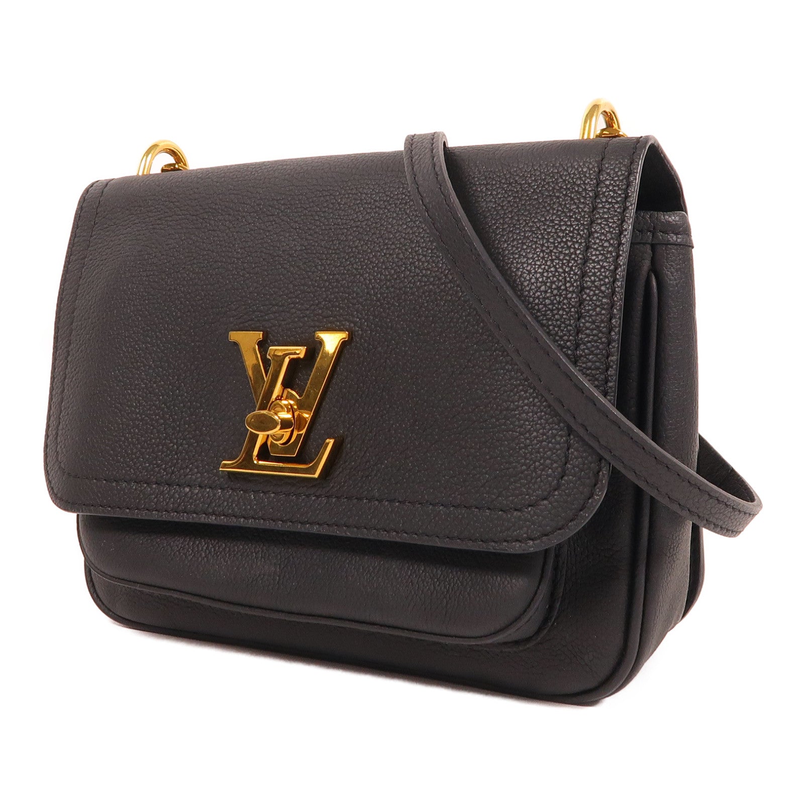 LOUIS VUITTON 牛皮皮革Lock Me金扣鏈帶肩背袋黑色