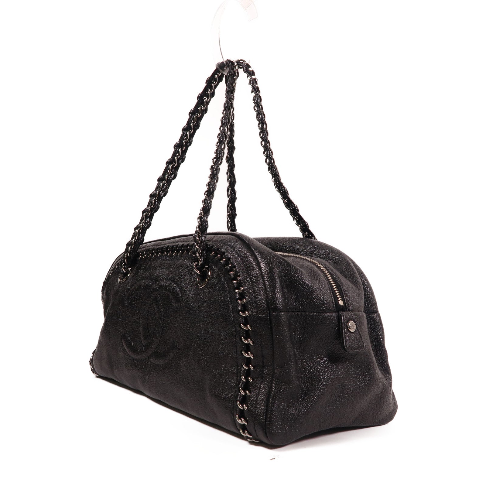 CHANEL 羊皮皮革Luxe ligne bowler bag銀扣肩背袋黑色