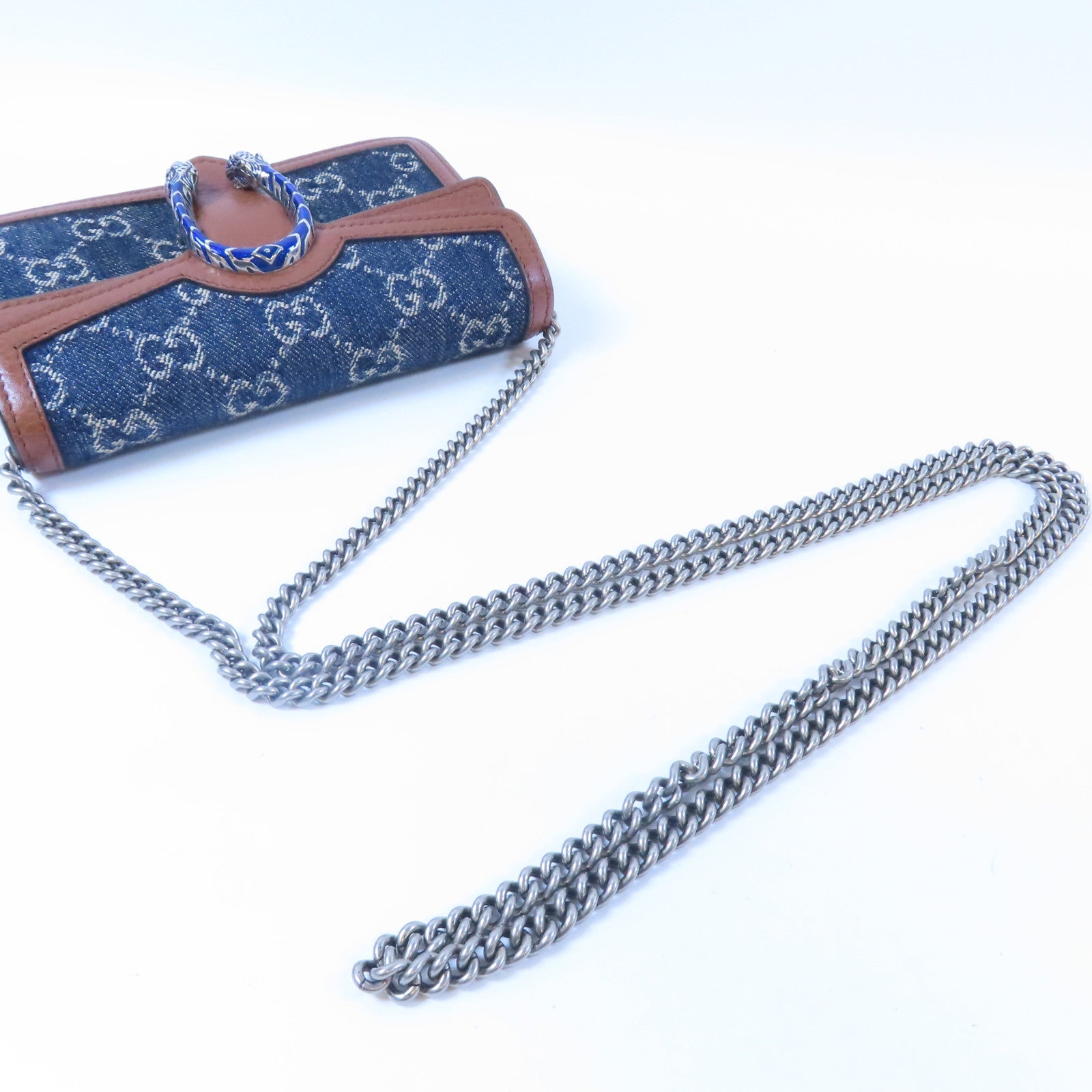 GUCCI 牛仔布GG Supreme Dionysus銀扣鏈帶肩背袋藍色