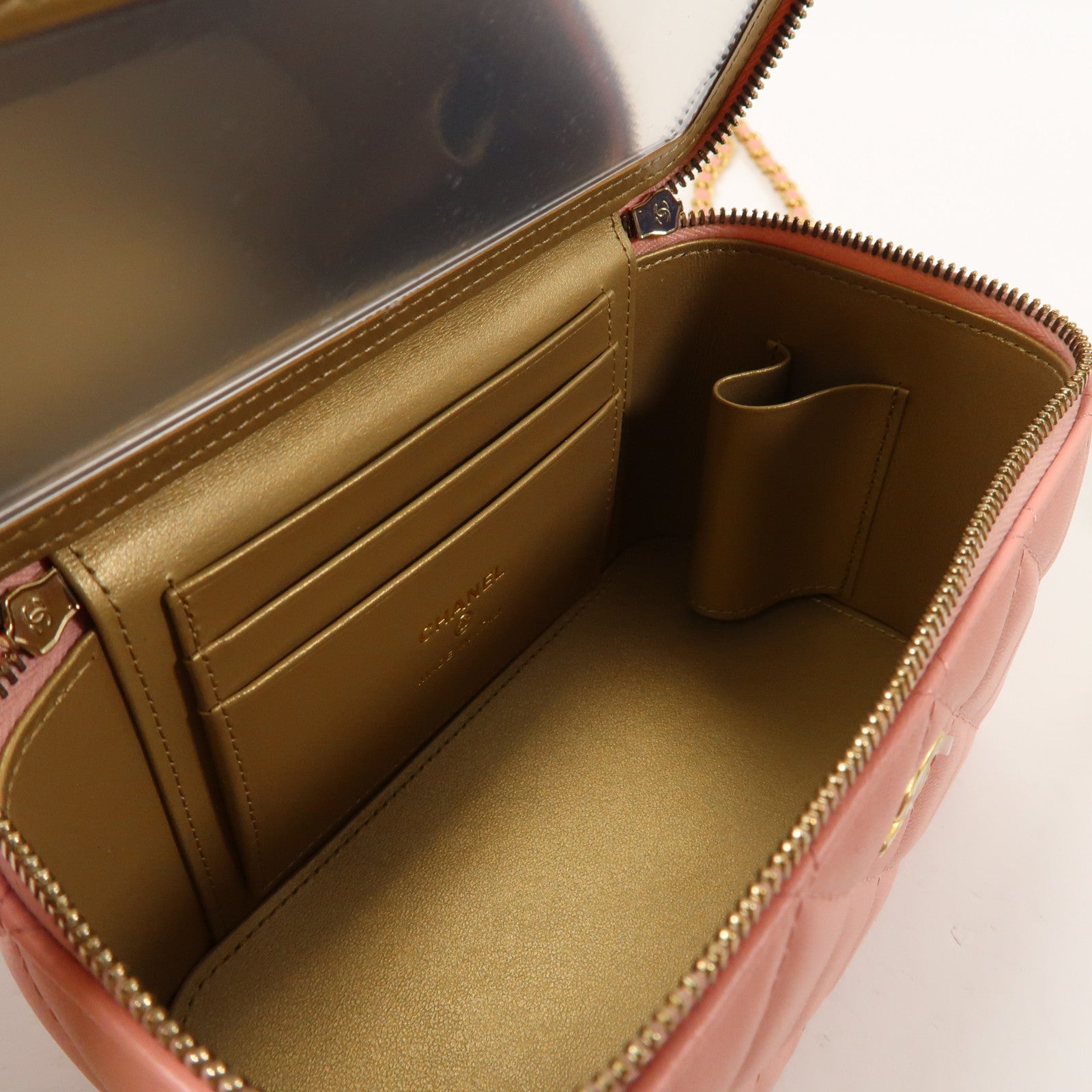 CHANEL 菱格羊皮皮革Vanity Case金扣鏈帶肩背袋粉紅色