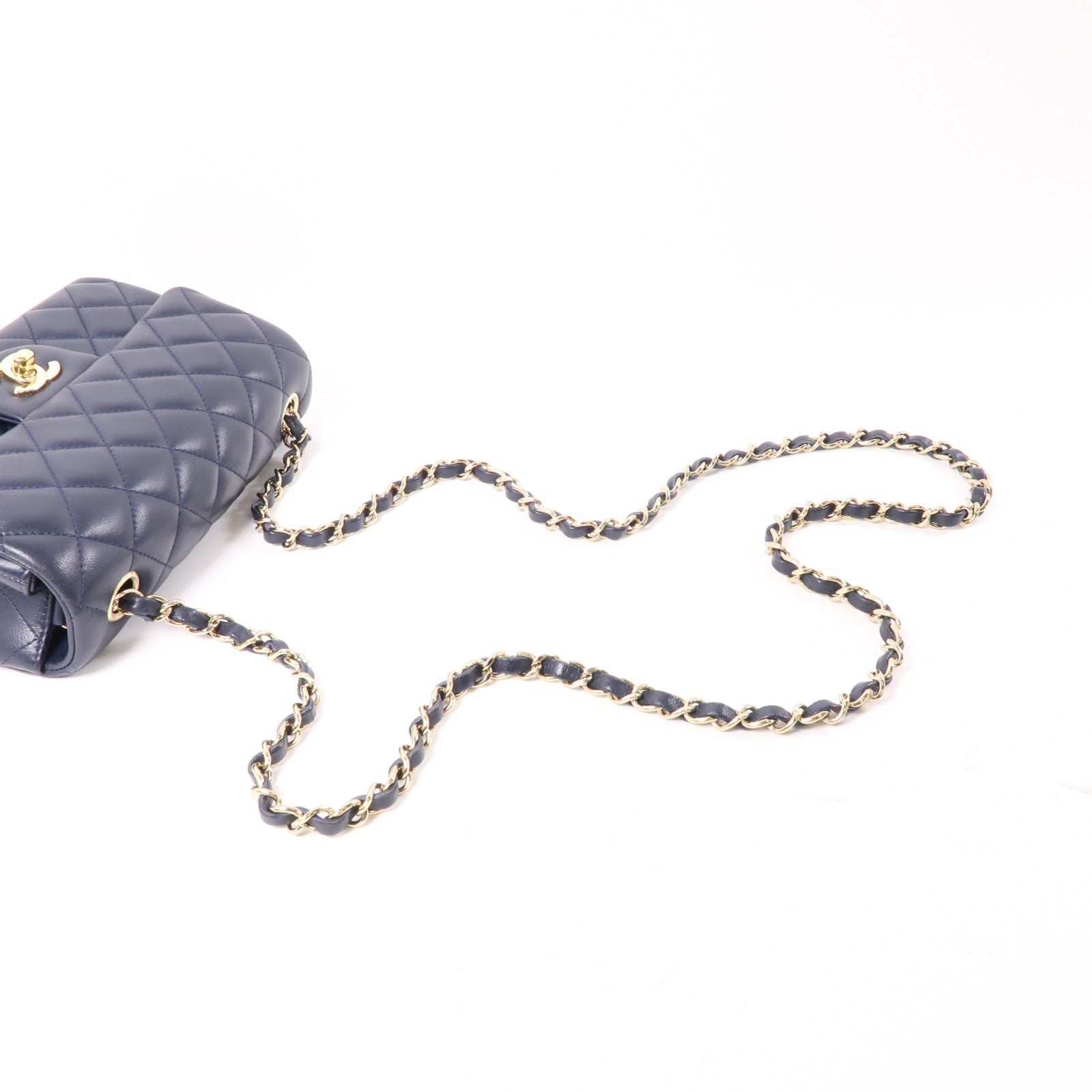 CHANEL 羊皮皮革Classic 20cm金扣鏈帶肩背袋深藍色