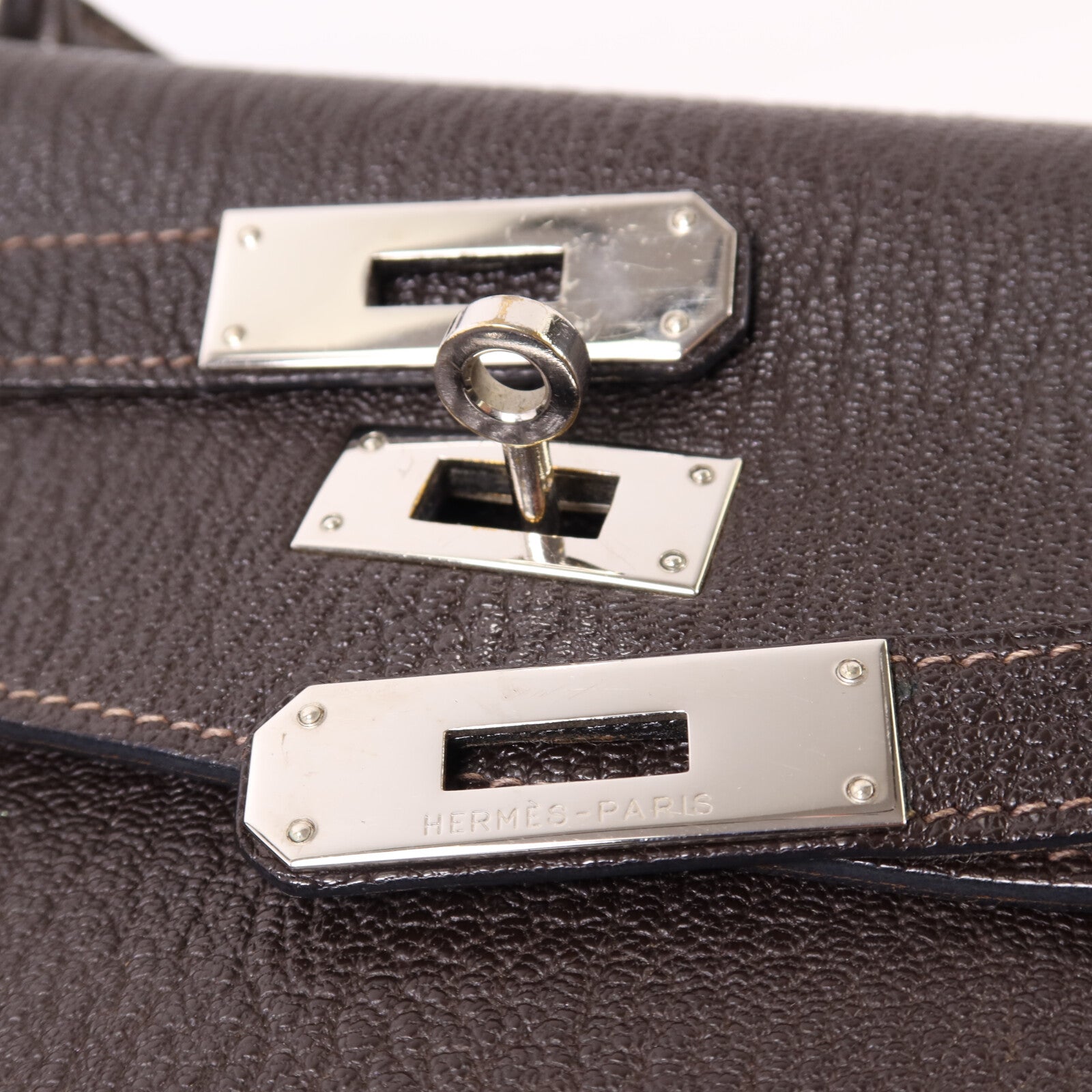 HERMES Chevre皮革Kelly 35銀扣手挽肩背兩用袋Café