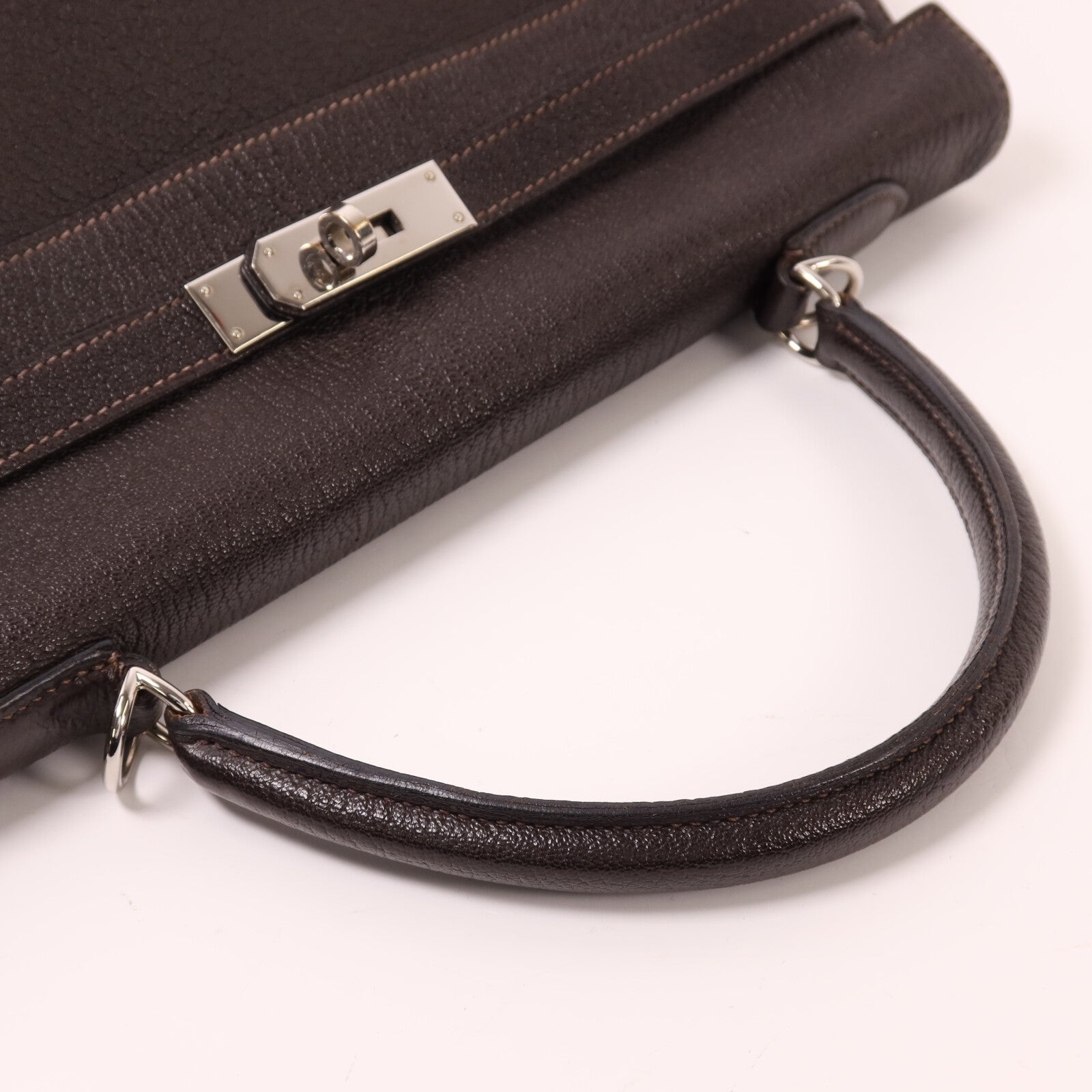 HERMES Chevre皮革Kelly 35銀扣手挽肩背兩用袋Café