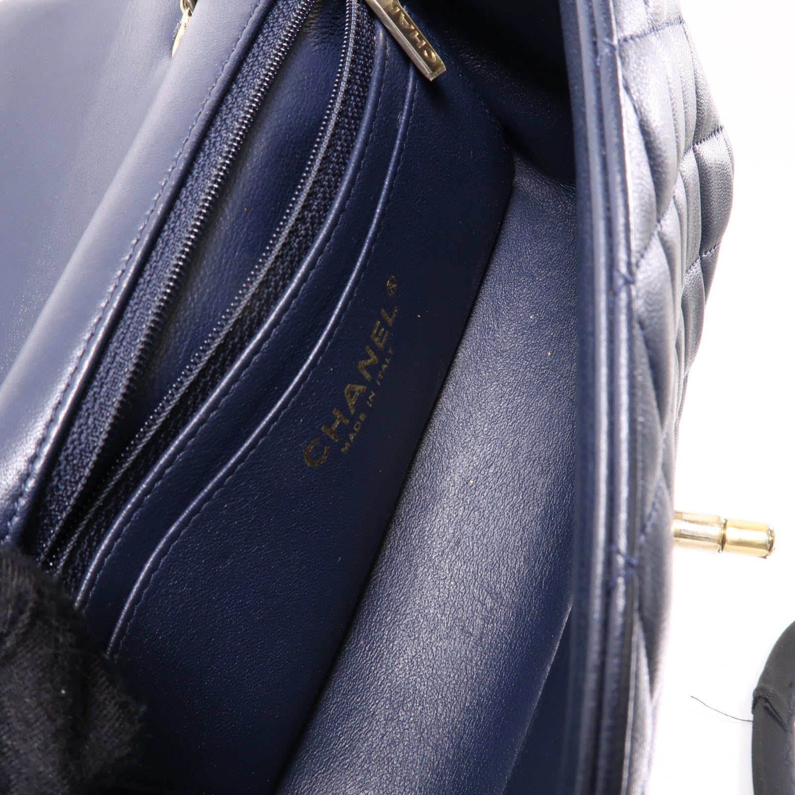 CHANEL 羊皮皮革Classic 20cm金扣鏈帶肩背袋深藍色
