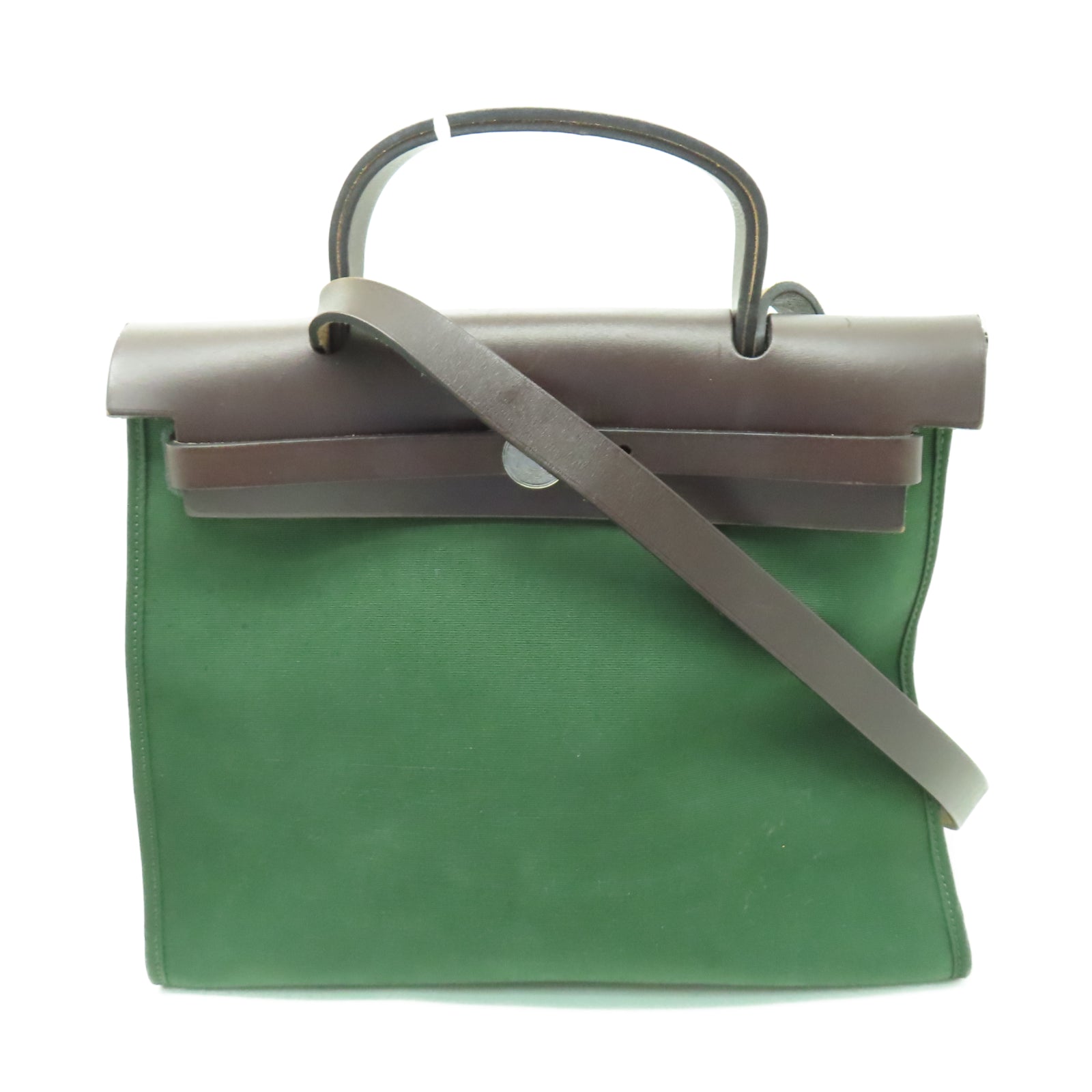 HERMES 【清倉大減價】帆布Herbag PM銀扣手挽肩背兩用袋綠色