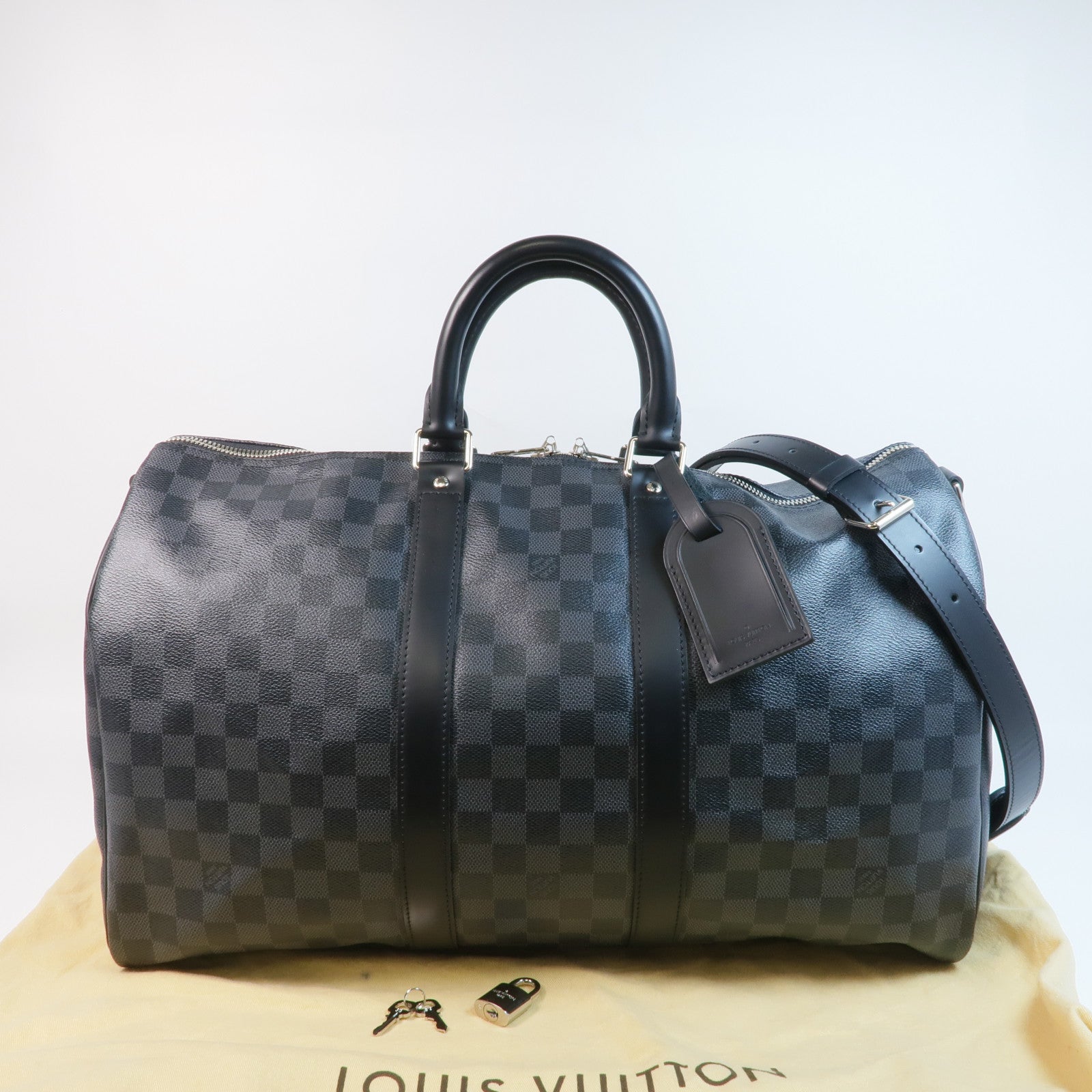 LOUIS VUITTON Damier Graphite Keepall 45 Bandouliere銀扣手挽肩背兩用袋