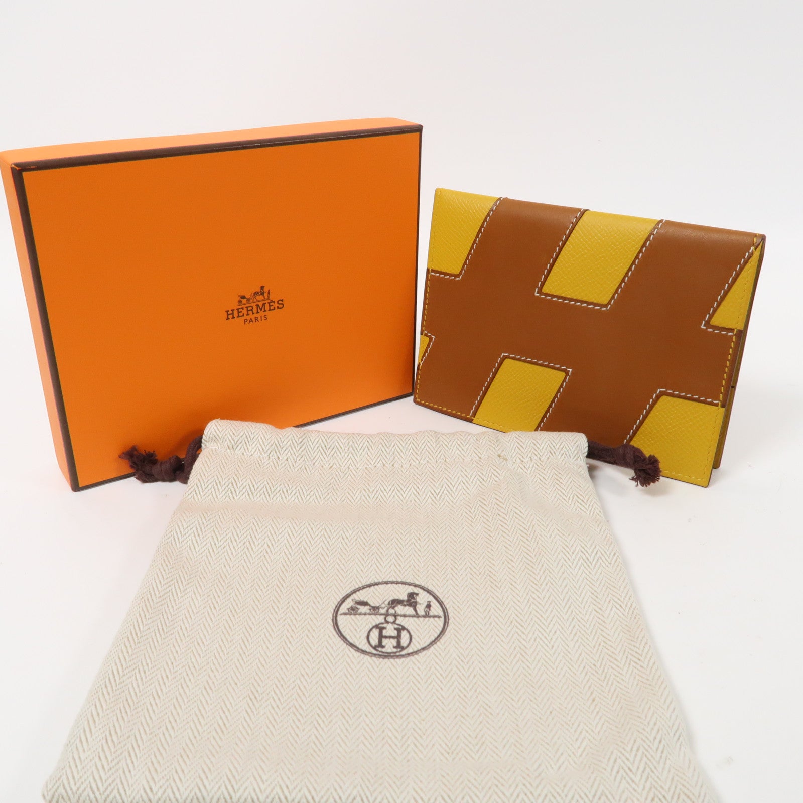 HERMES Barenia/Epsom皮革Passport Case護照套啡色/黃色