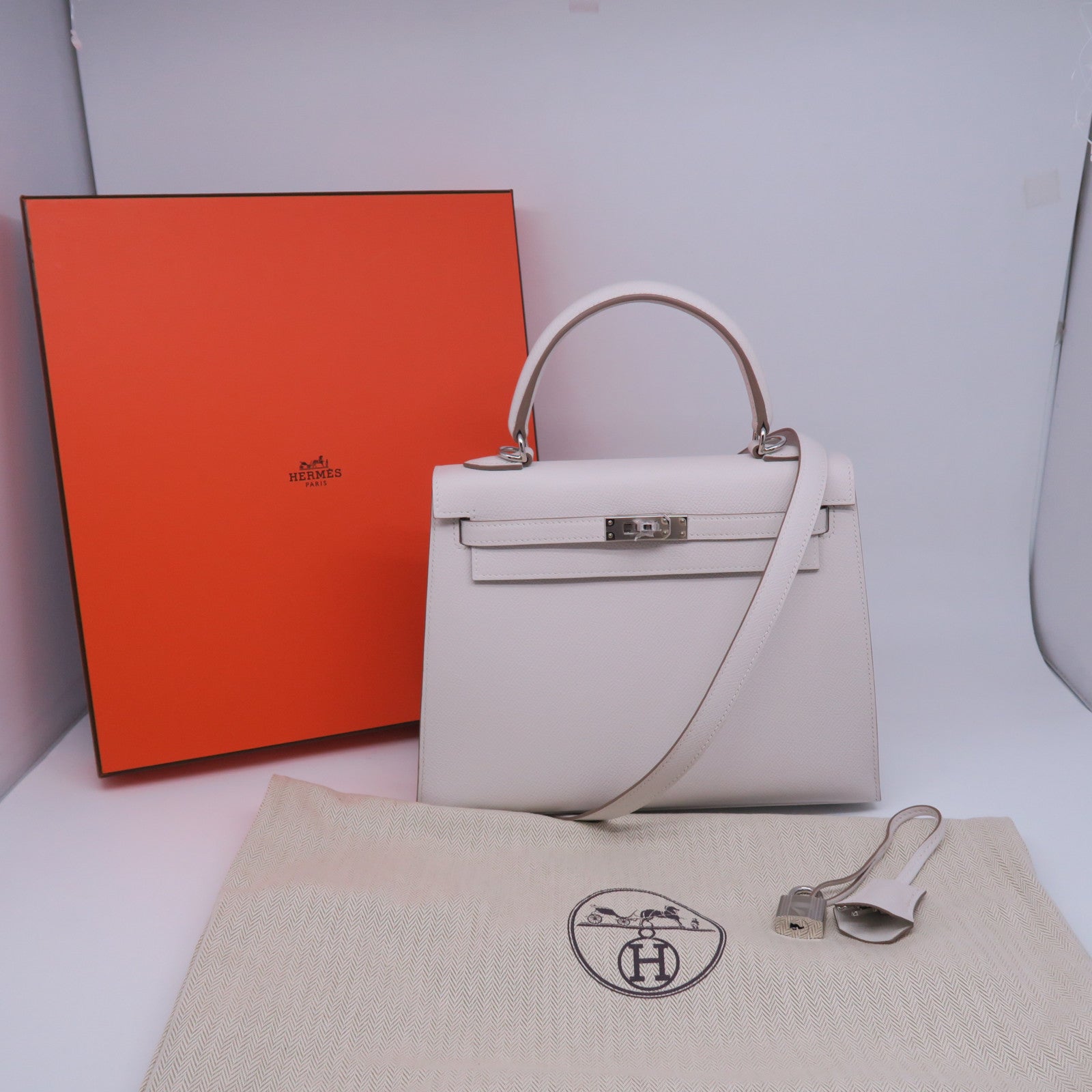 HERMES 【激減優惠】HERMES Epsom皮革Kelly 25銀扣手挽肩背兩用袋白色