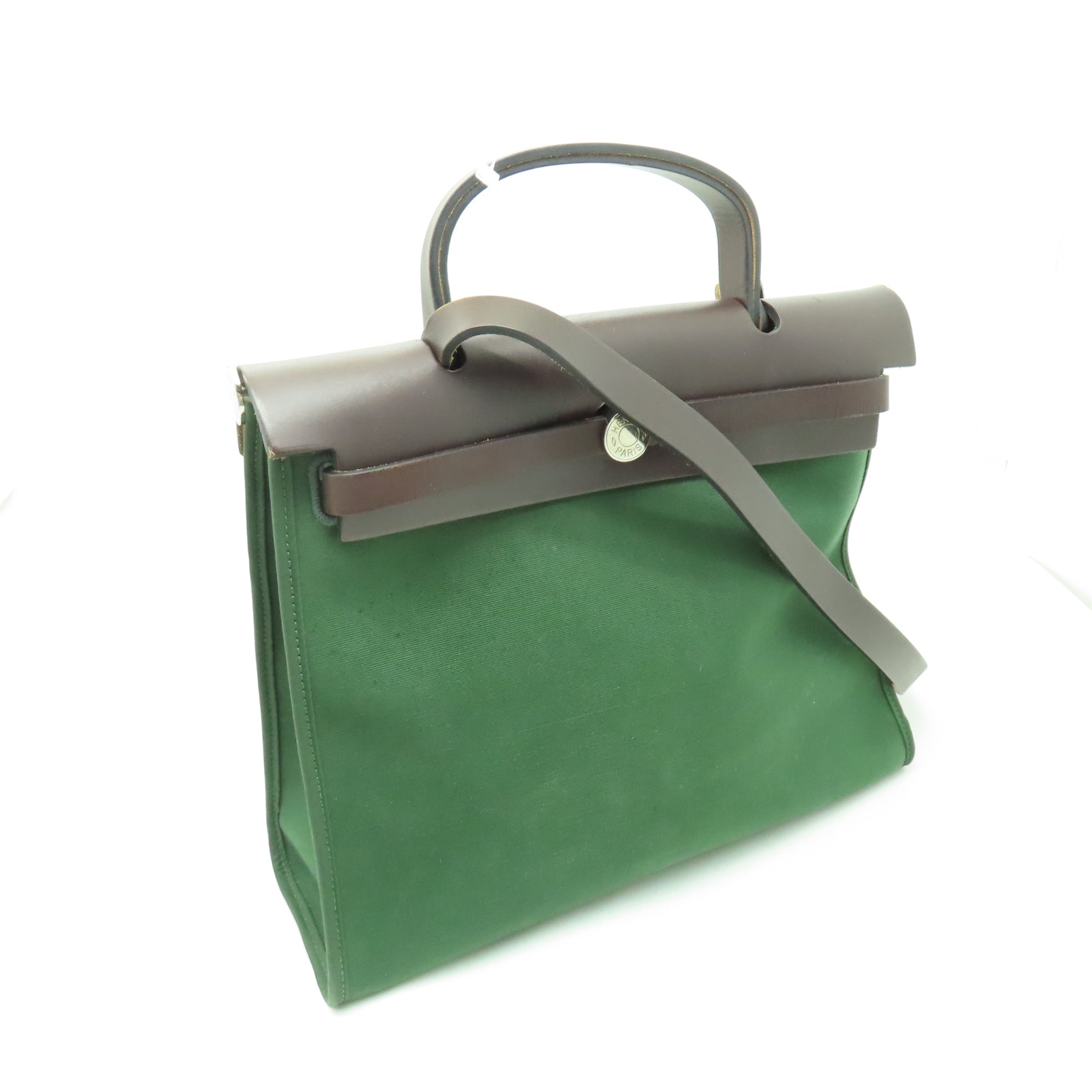HERMES 【清倉大減價】帆布Herbag PM銀扣手挽肩背兩用袋綠色