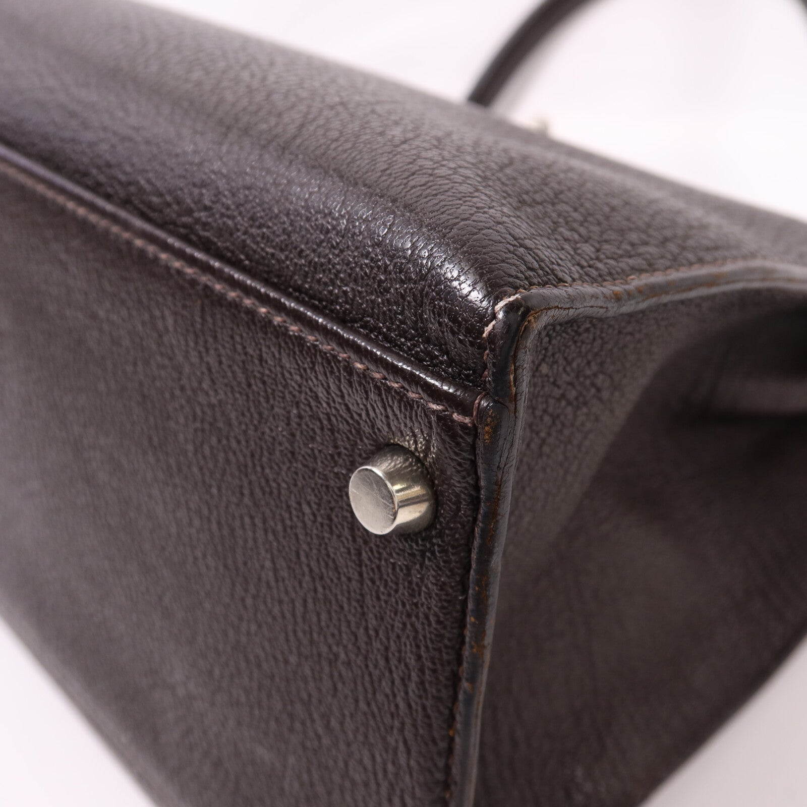 HERMES Chevre皮革Kelly 35銀扣手挽肩背兩用袋Café