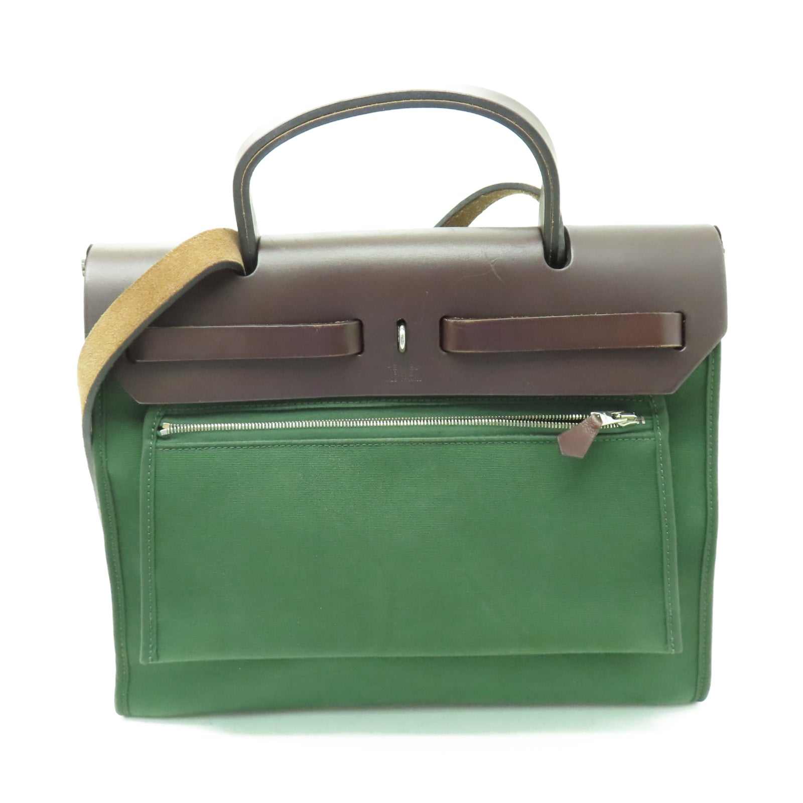 HERMES 【清倉大減價】帆布Herbag PM銀扣手挽肩背兩用袋綠色