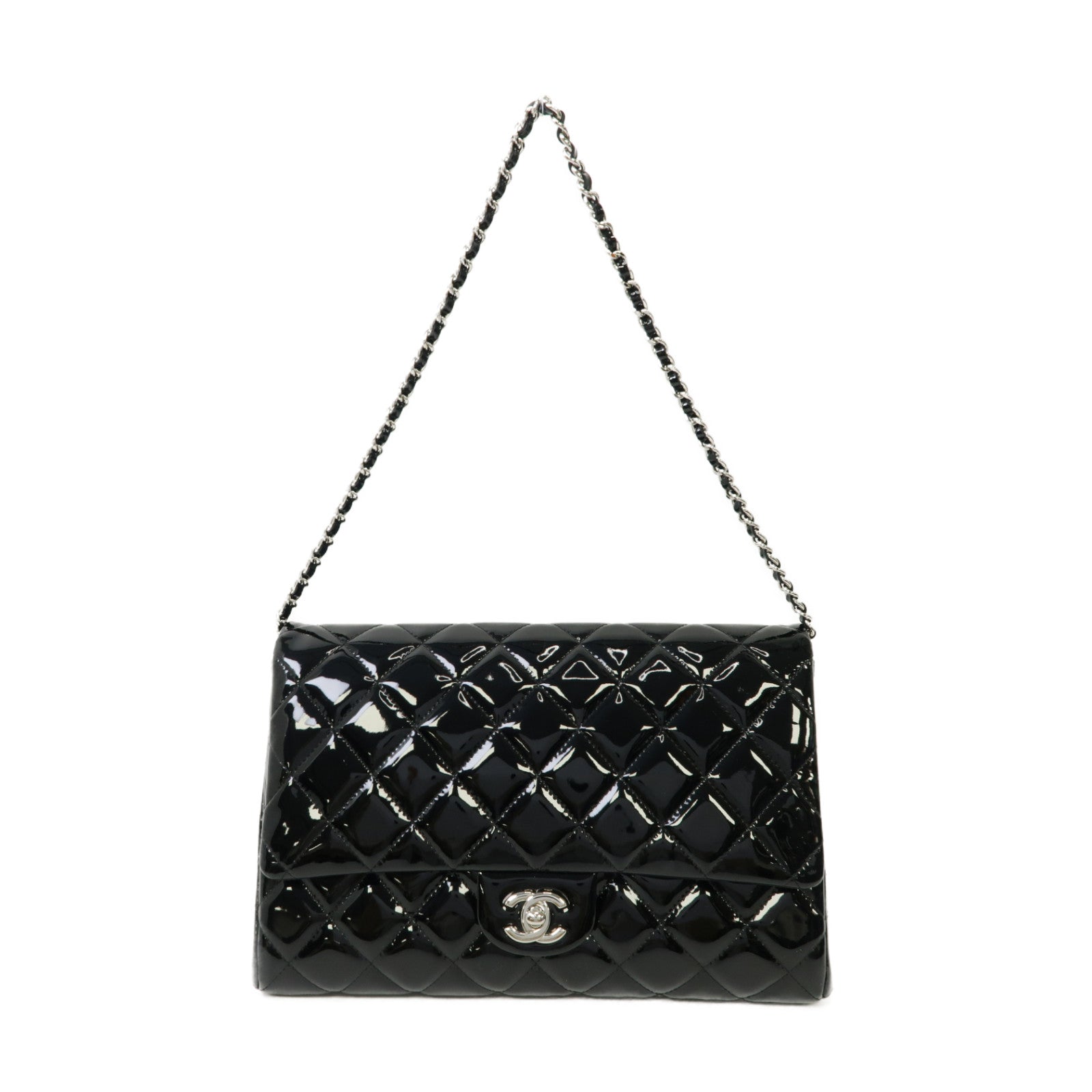 CHANEL 菱格漆皮皮革Chain Shoulder Bag銀扣鏈帶肩背袋黒色