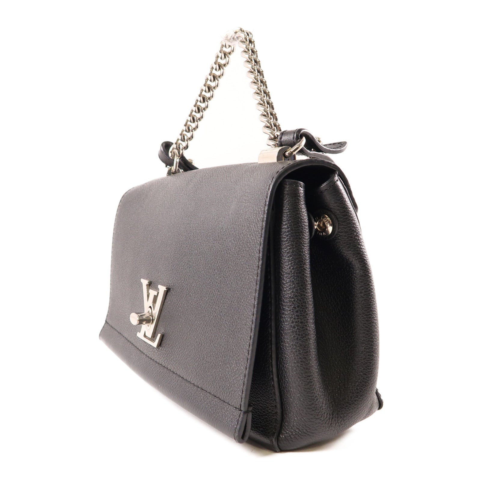 LOUIS VUITTON 牛皮皮革Lockme II BB銀扣鏈帶手挽肩背兩用袋黑色