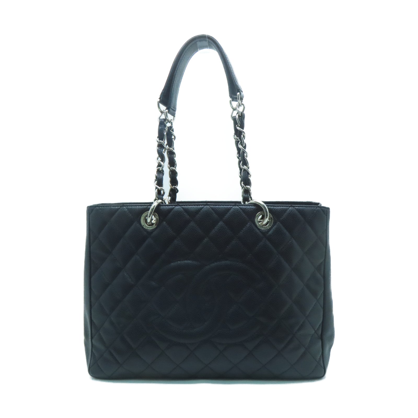CHANEL diamond Caviar leather Grand Shopping Tote Bag silver buckle handle bag black