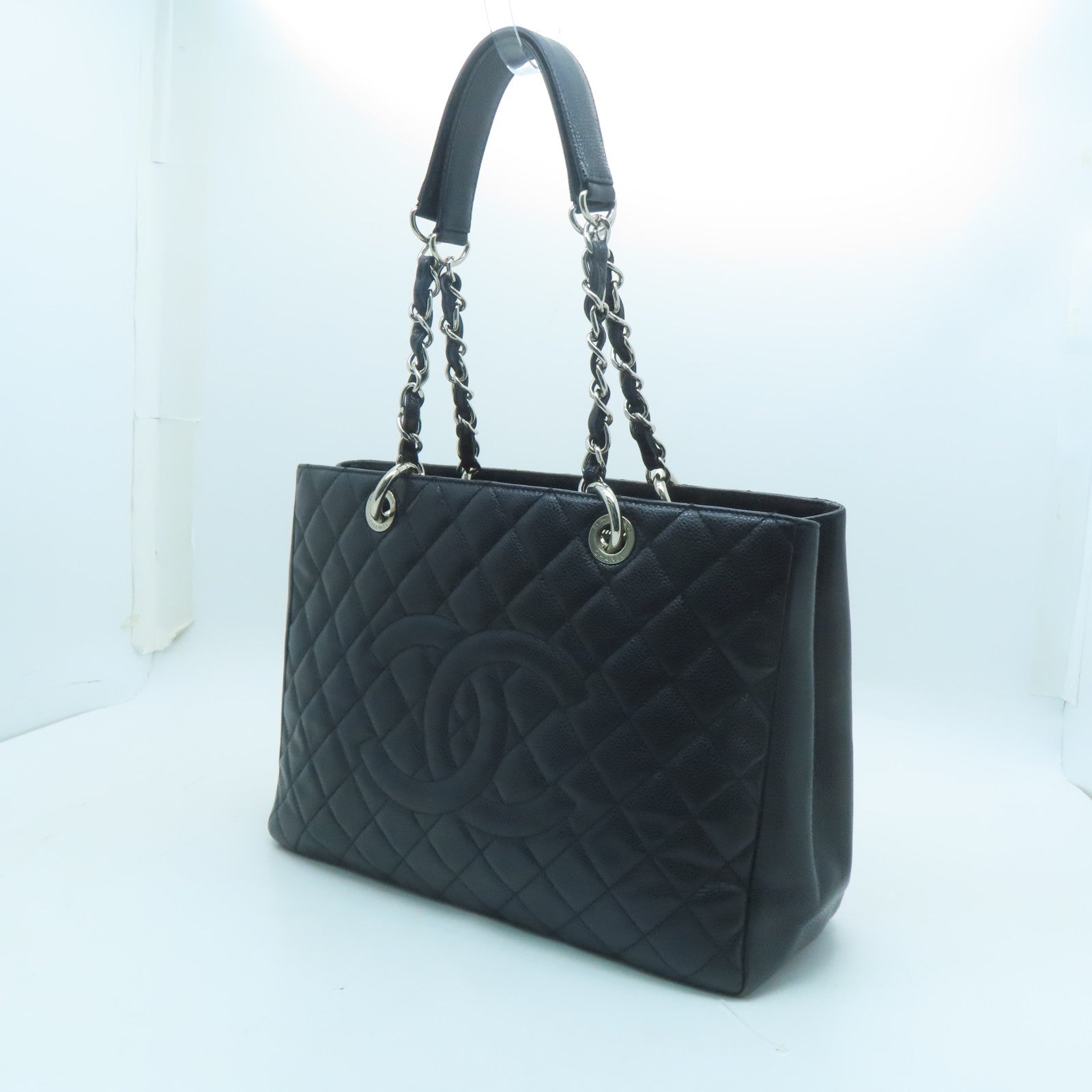 CHANEL diamond Caviar leather Grand Shopping Tote Bag silver buckle handle bag black