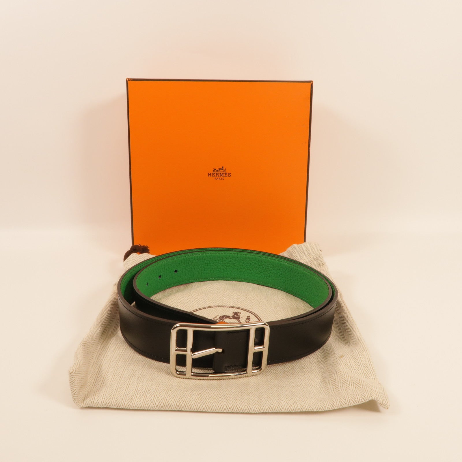 HERMES 【激減優惠】Togo皮Cape Cod 32 Reversible Belt銀扣皮帶Noir/Bambou