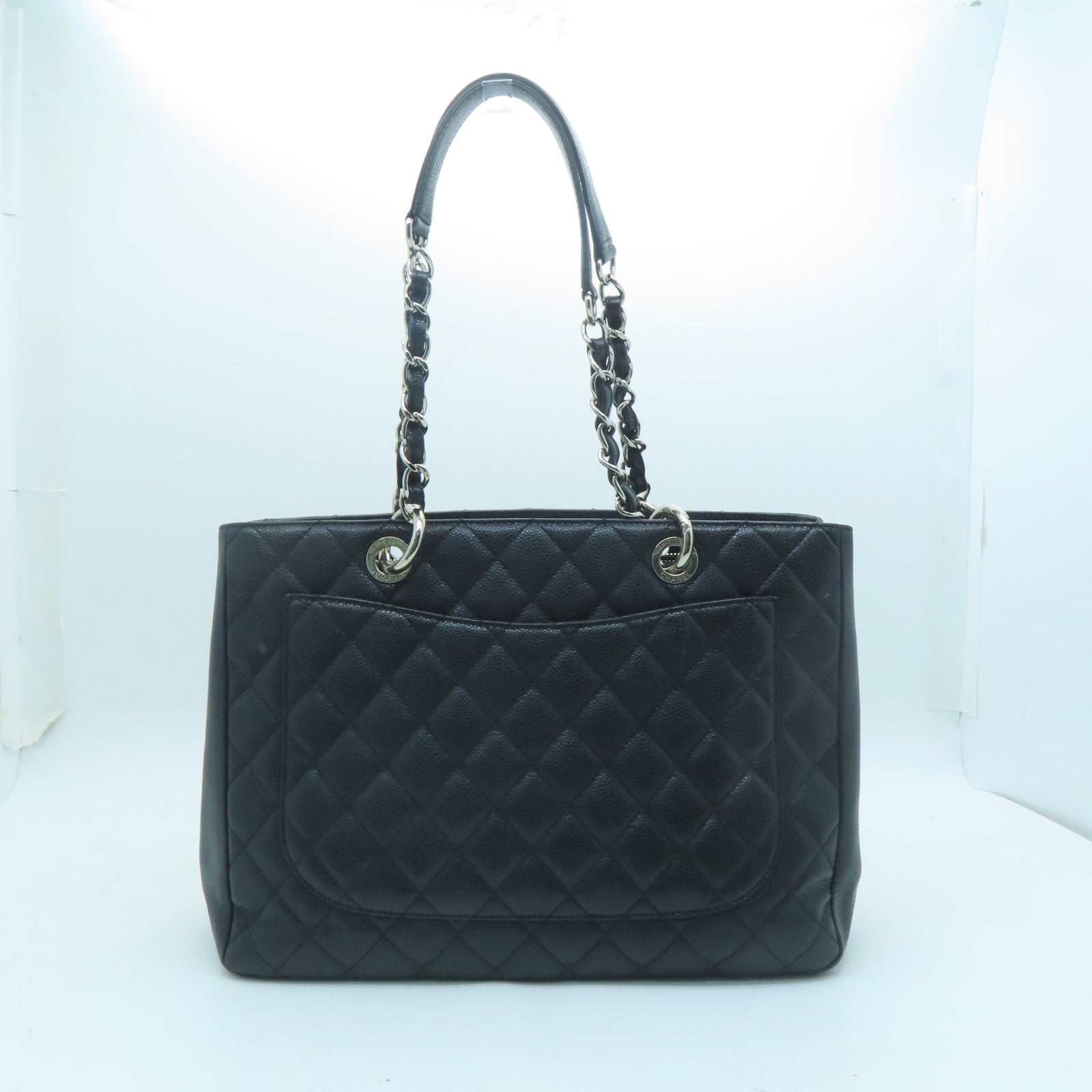 CHANEL diamond Caviar leather Grand Shopping Tote Bag silver buckle handle bag black