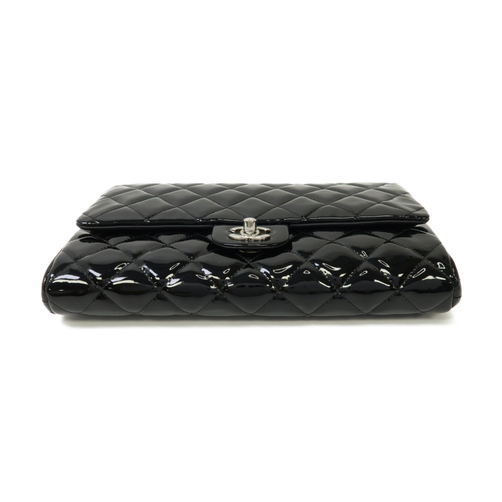 CHANEL 菱格漆皮皮革Chain Shoulder Bag銀扣鏈帶肩背袋黒色