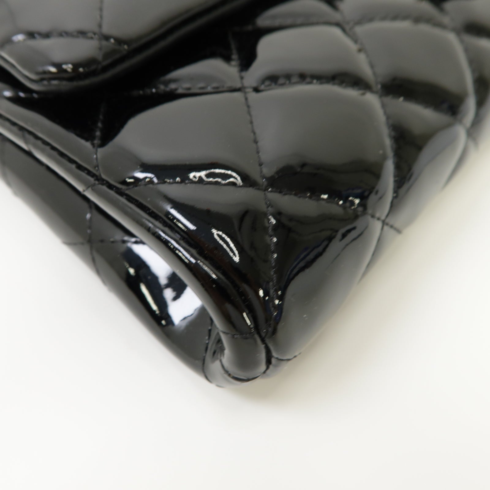 CHANEL 菱格漆皮皮革Chain Shoulder Bag銀扣鏈帶肩背袋黒色