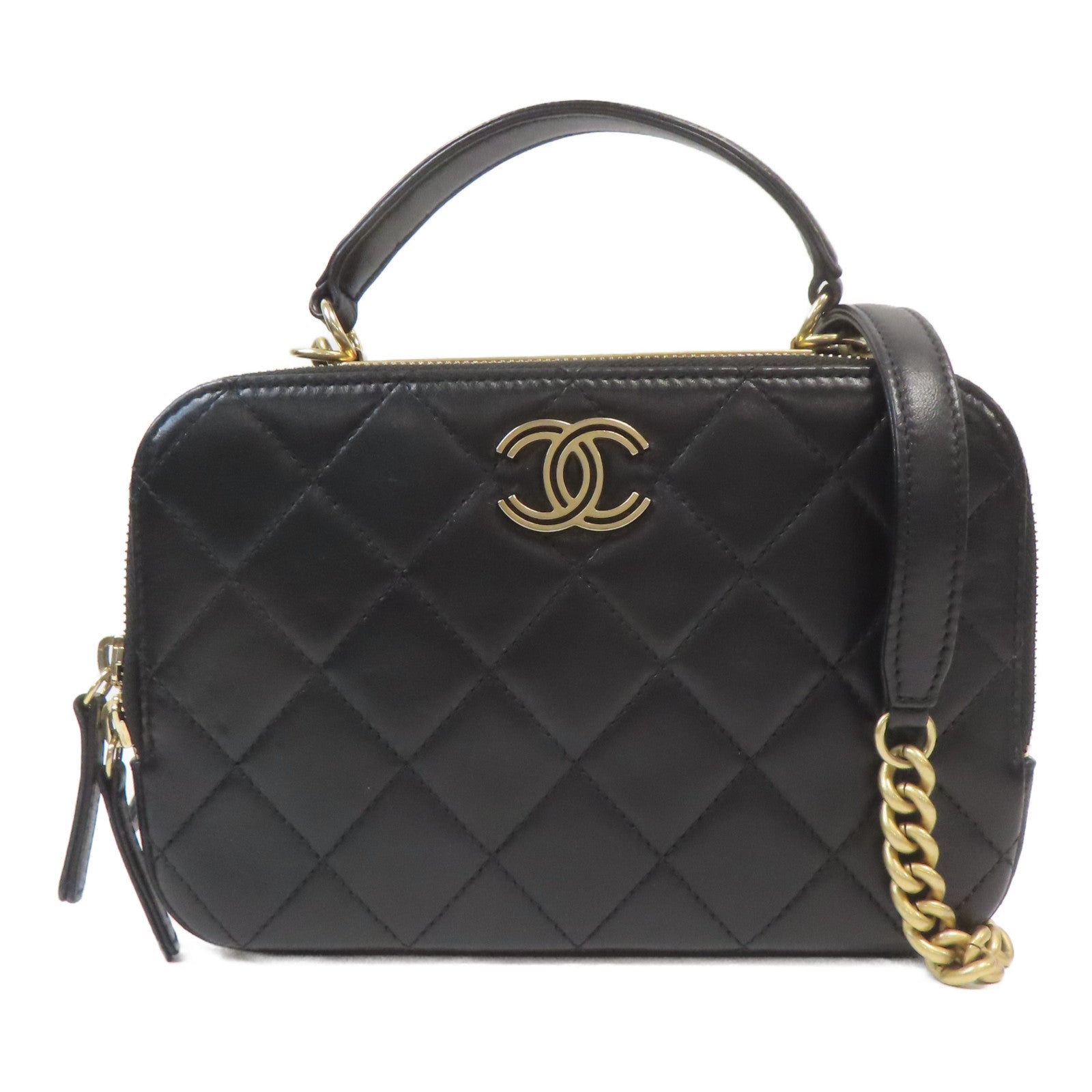 CHANEL 菱格羊皮皮革Bowling Bag金扣手挽肩背兩用袋黑色