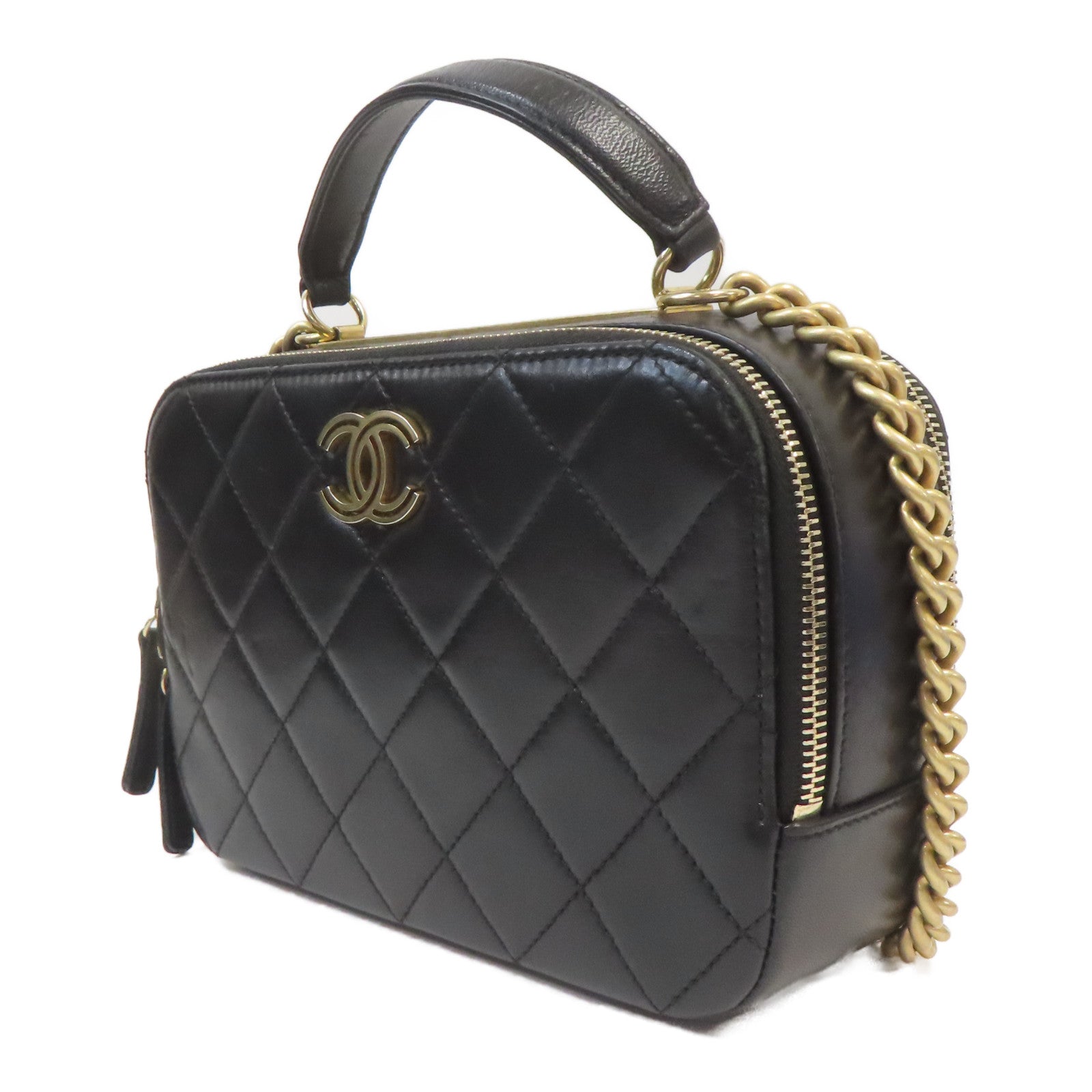 CHANEL 菱格羊皮皮革Bowling Bag金扣手挽肩背兩用袋黑色