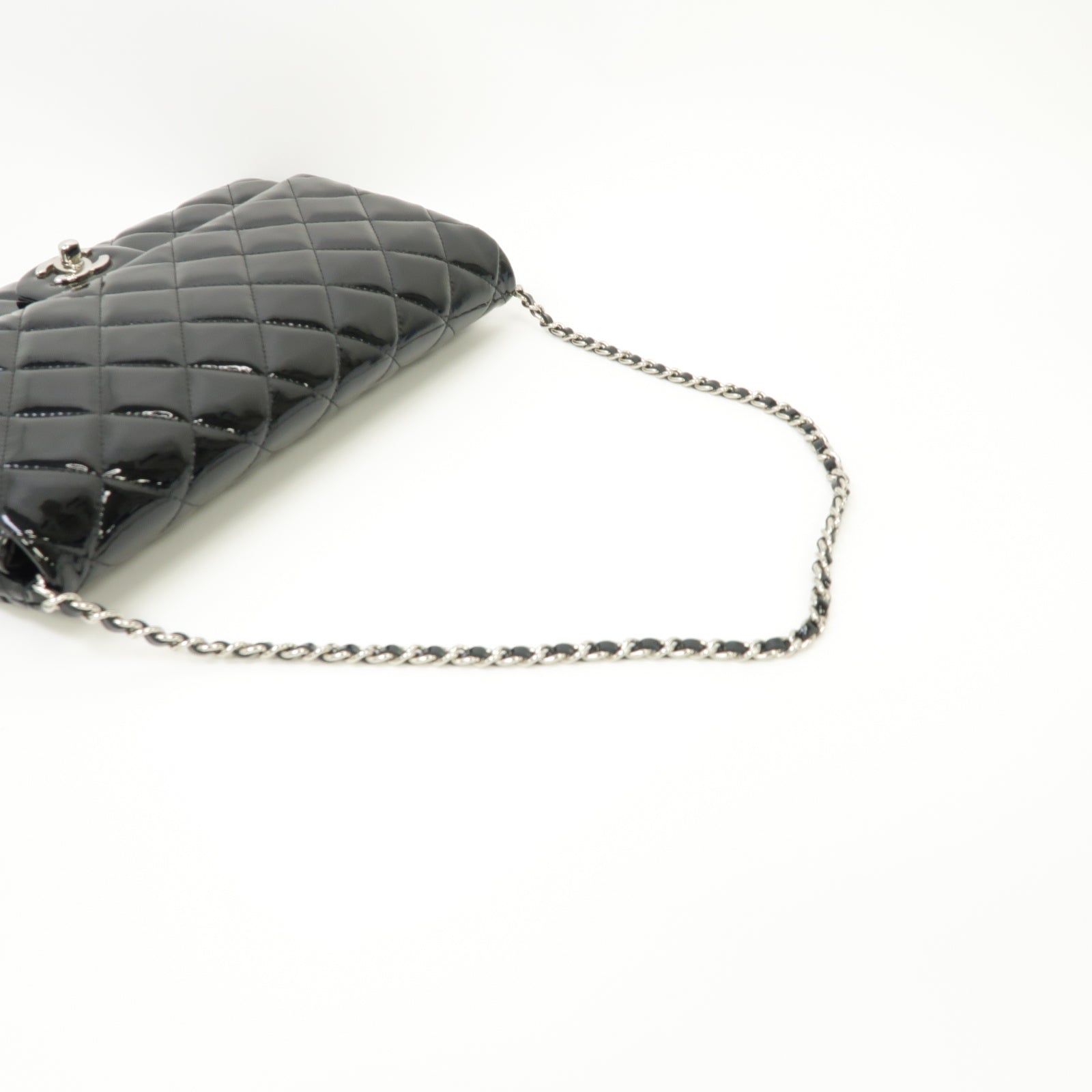 CHANEL 菱格漆皮皮革Chain Shoulder Bag銀扣鏈帶肩背袋黒色