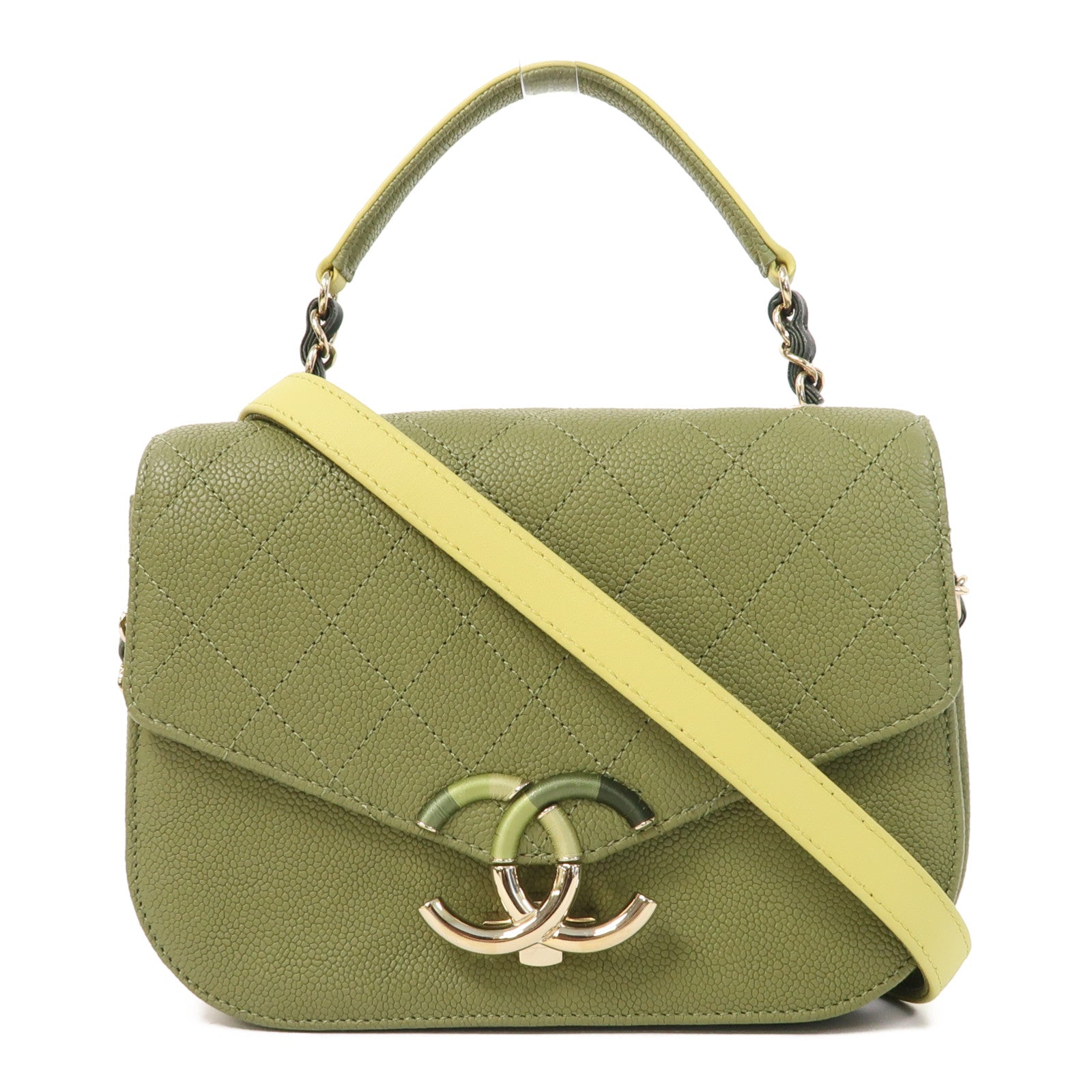 CHANEL Caviar皮革Shoulder Bag金扣手挽肩背兩用袋綠色