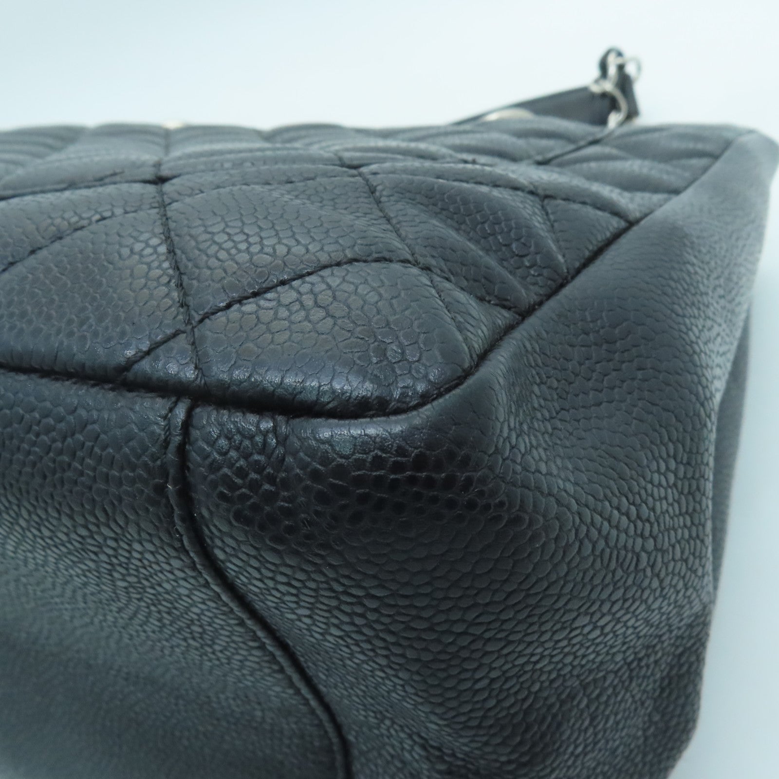 CHANEL diamond Caviar leather Grand Shopping Tote Bag silver buckle handle bag black