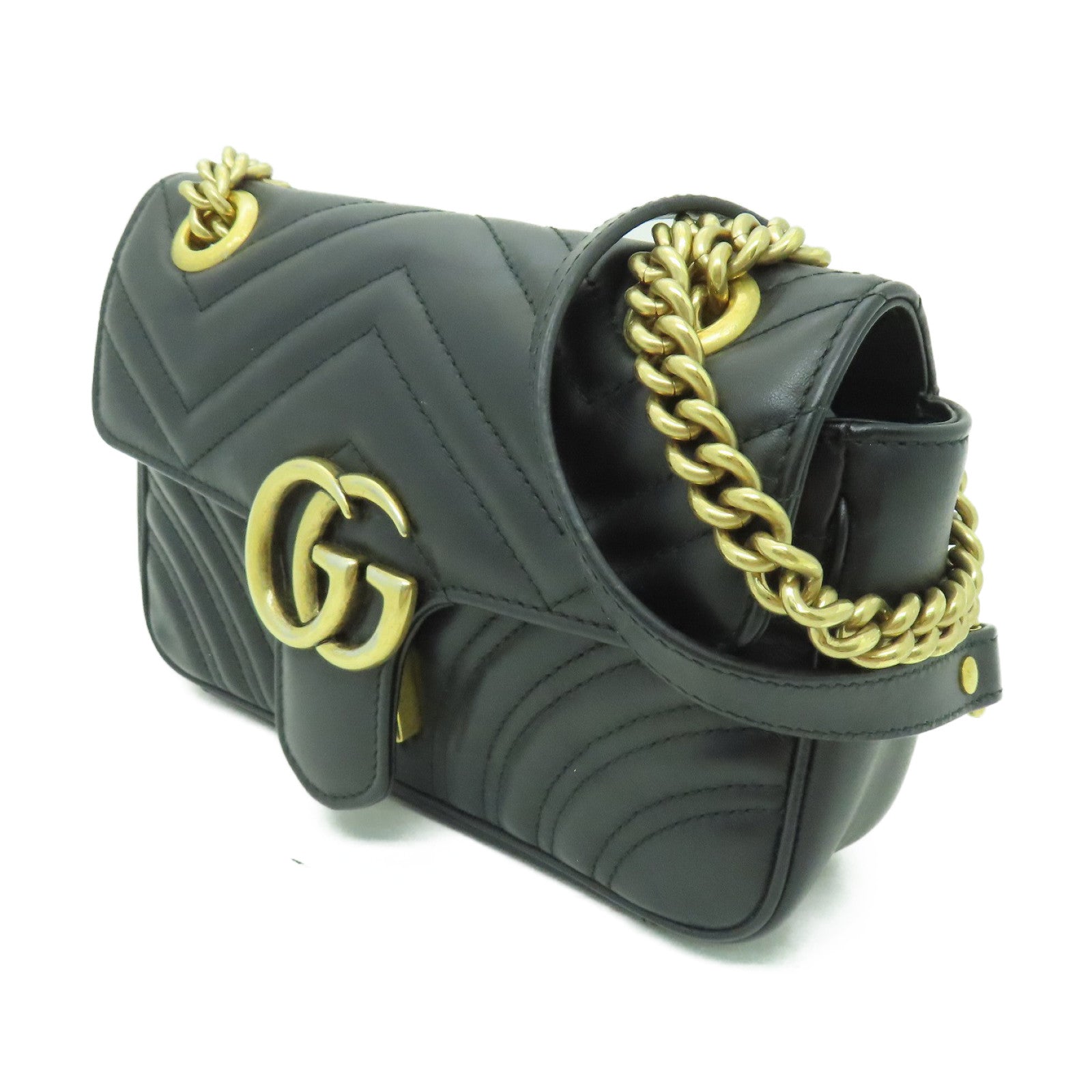 GUCCI 【激減優惠】牛皮皮革GG Marmont金扣鏈帶肩背袋黑色