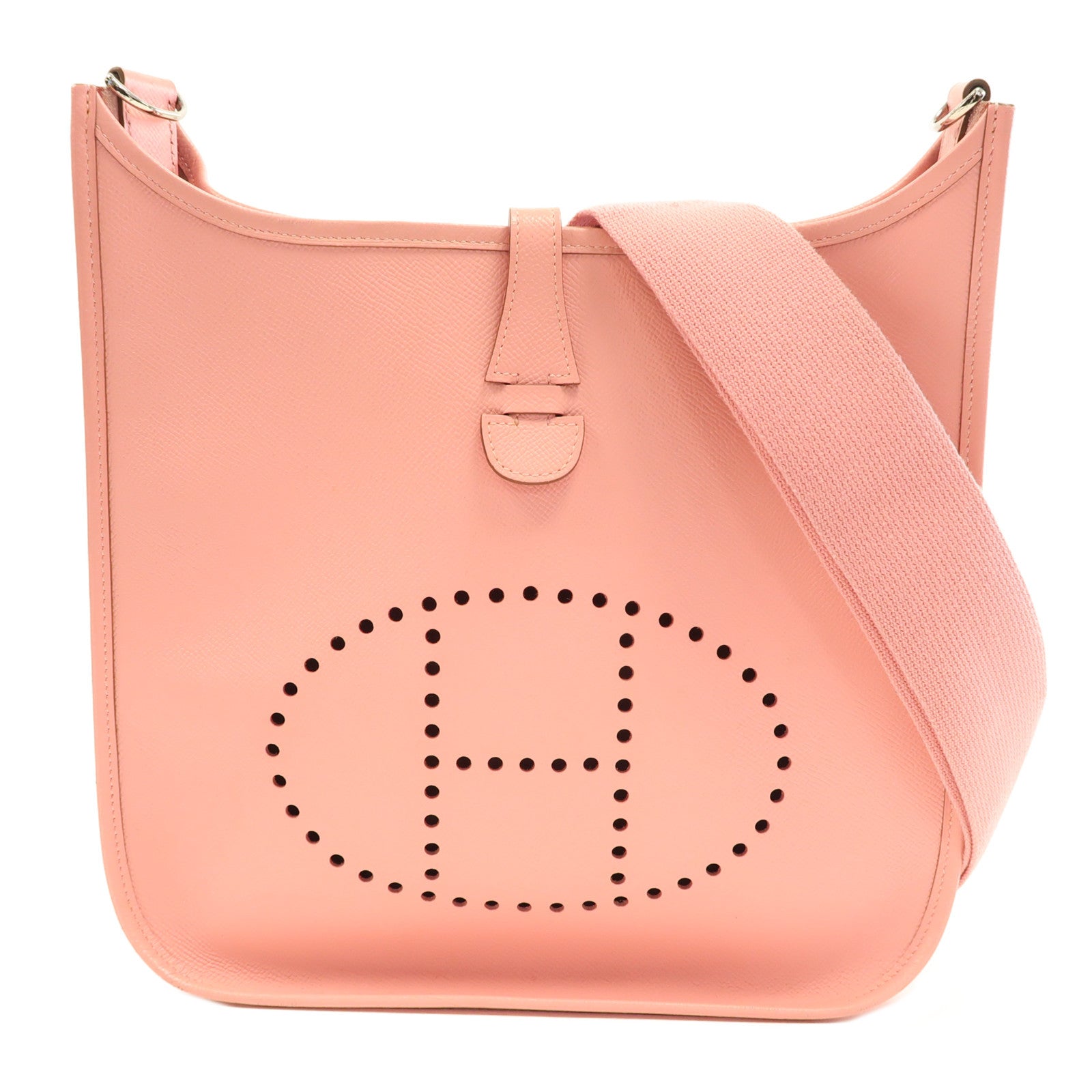 HERMES Epsom皮革Evelyne PM銀扣肩背袋奶昔粉色