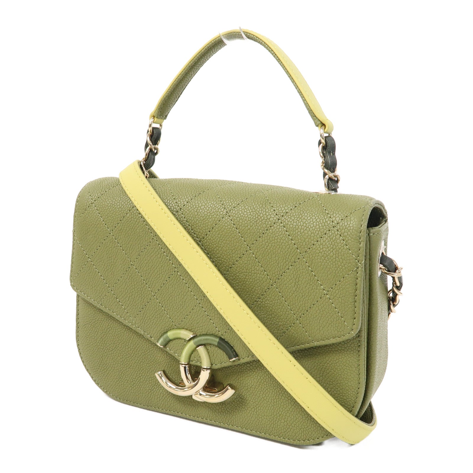 CHANEL Caviar皮革Shoulder Bag金扣手挽肩背兩用袋綠色