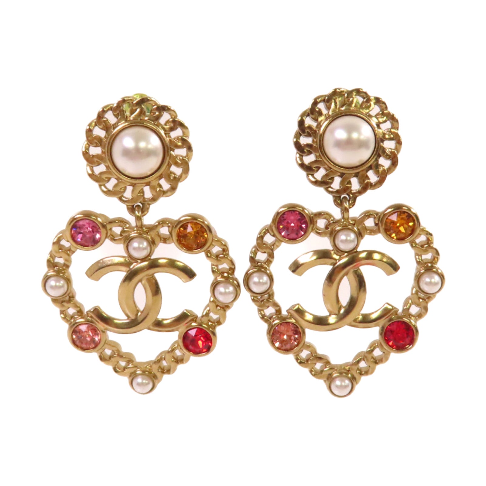 CHANEL 金屬/仿珍珠/彩色寶石CC Love Earrings耳環金色/珍珠色/彩色