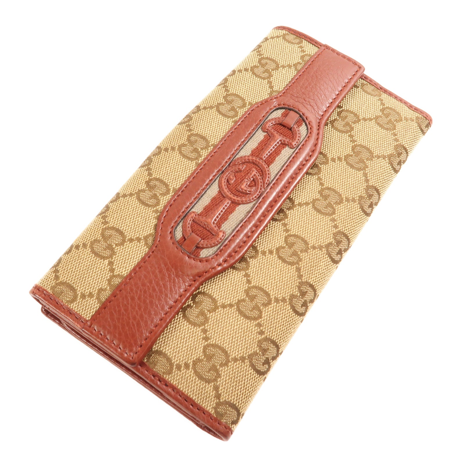 GUCCI 帆布/皮革Long Wallet金扣長錢包