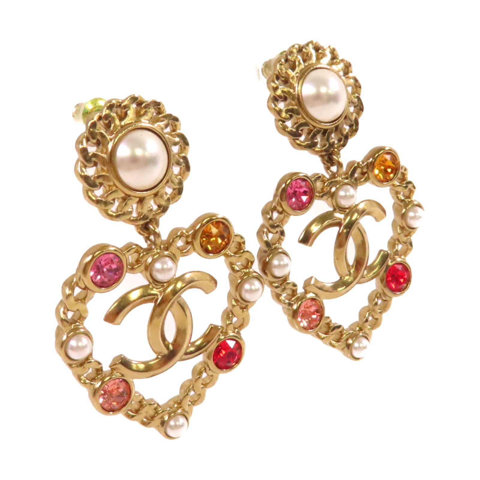 CHANEL 金屬/仿珍珠/彩色寶石CC Love Earrings耳環金色/珍珠色/彩色
