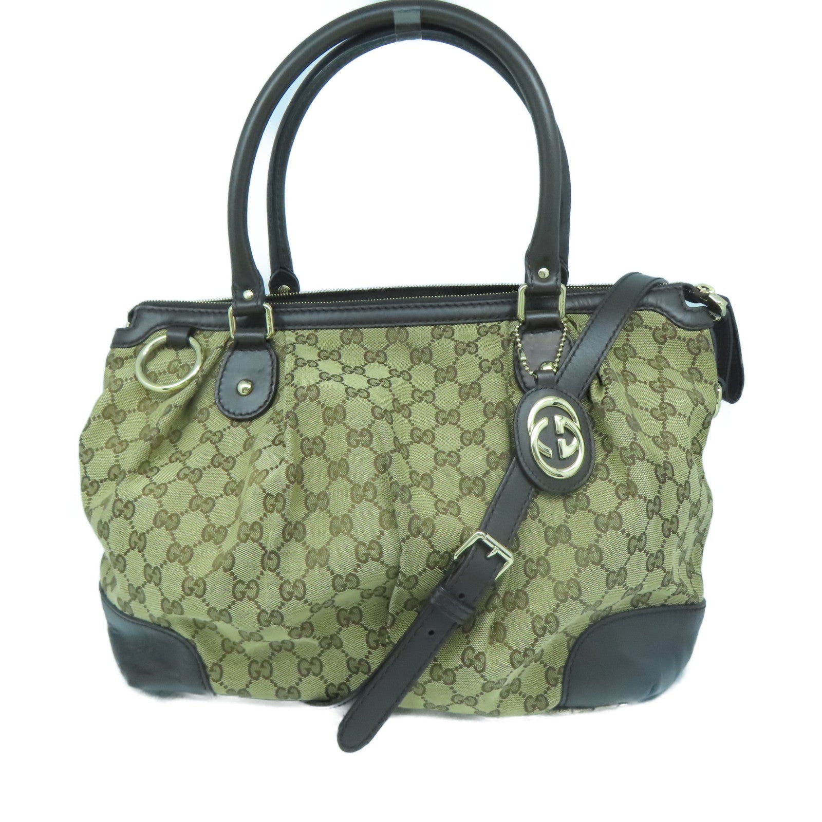 GUCCI 【激減優惠】帆布/牛皮皮革Shoulder Bag金扣手挽肩背兩用袋啡色
