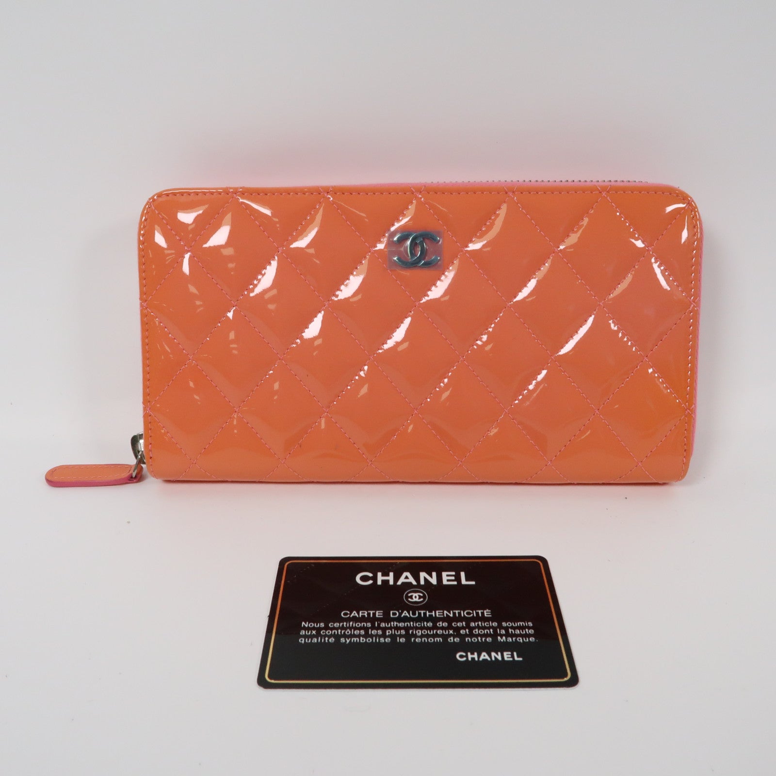 CHANEL 菱格漆皮皮革Long Wallet銀扣長錢包橙色