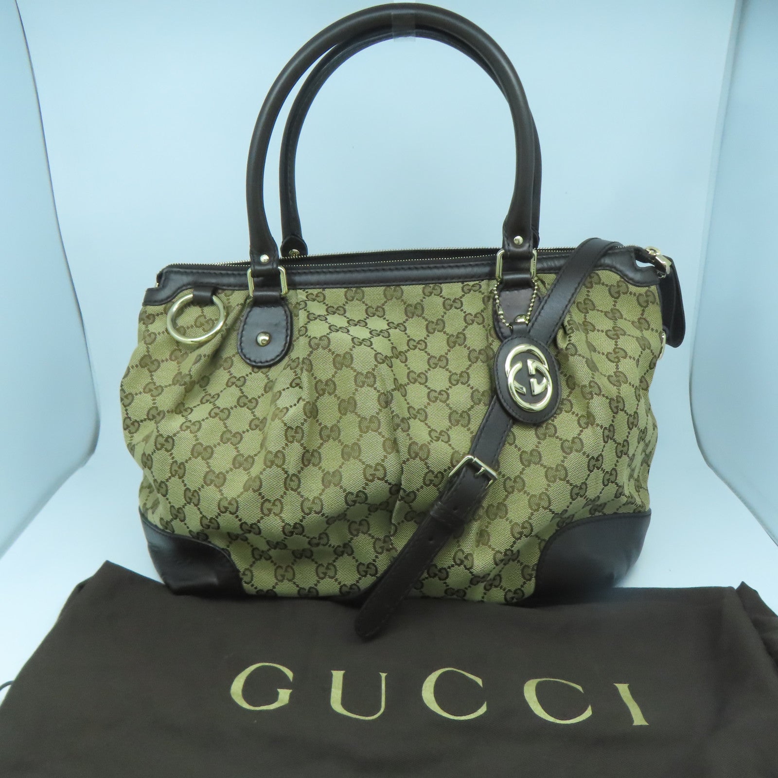 GUCCI 【激減優惠】帆布/牛皮皮革Shoulder Bag金扣手挽肩背兩用袋啡色