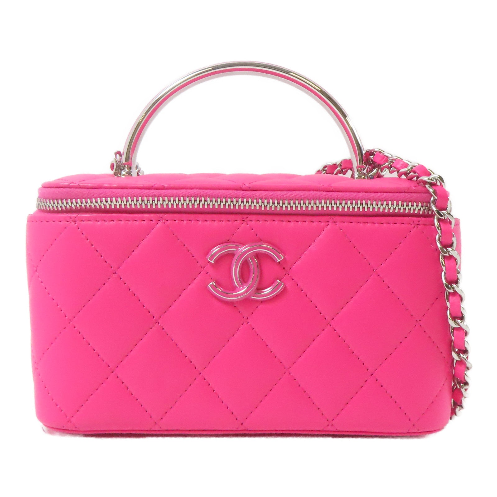 CHANEL 【激減優惠】菱格羊皮皮革Clutch with Chain銀扣鏈帶手挽肩背兩用袋粉紅色