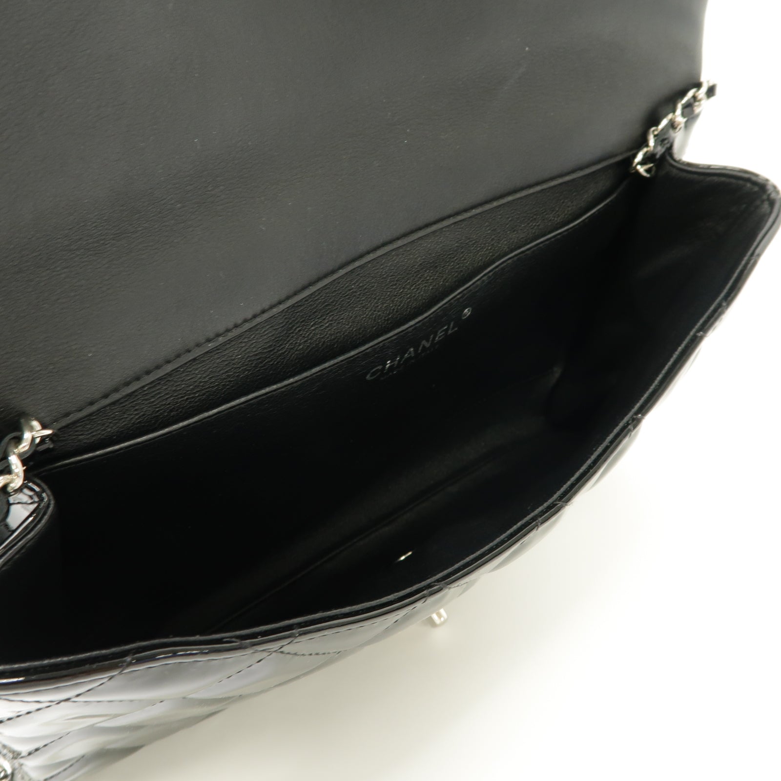 CHANEL 菱格漆皮皮革Chain Shoulder Bag銀扣鏈帶肩背袋黒色